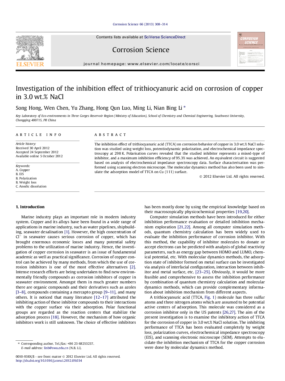 Investigation of the inhibition effect of trithiocyanuric acid on corrosion of copper in 3.0Â wt.% NaCl