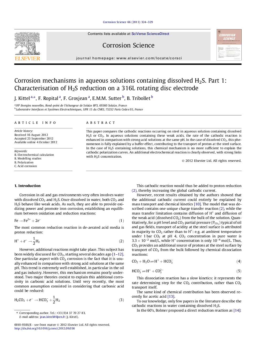 Corrosion mechanisms in aqueous solutions containing dissolved H2S. Part 1: Characterisation of H2S reduction on a 316L rotating disc electrode