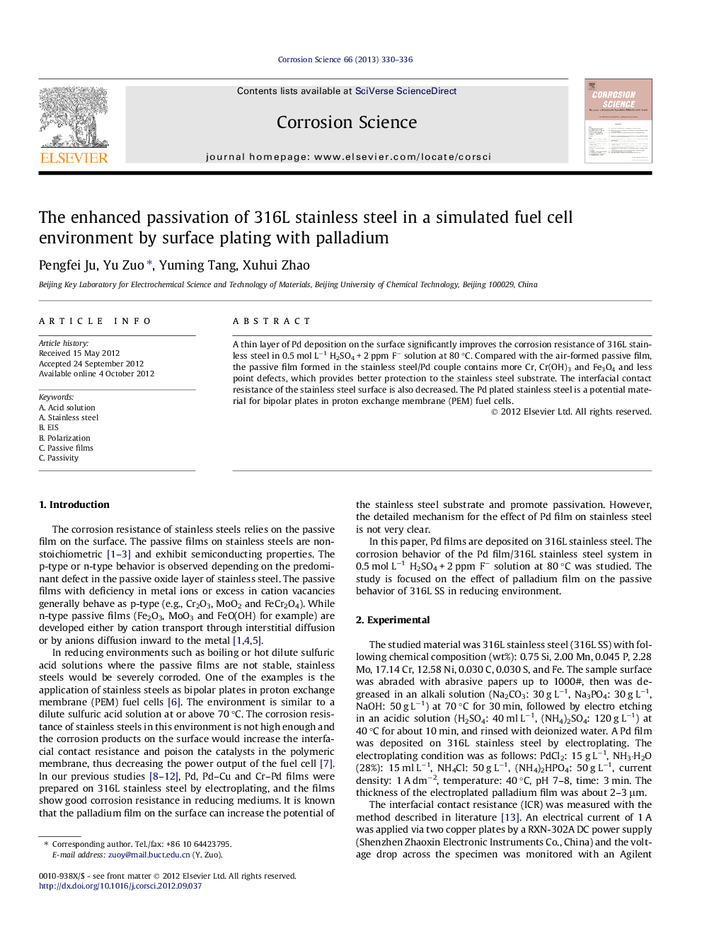 The enhanced passivation of 316L stainless steel in a simulated fuel cell environment by surface plating with palladium