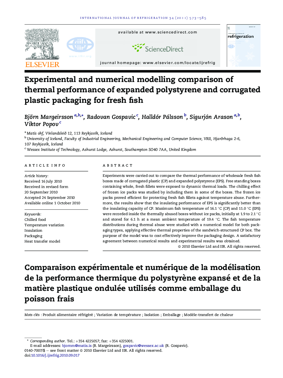 Experimental and numerical modelling comparison of thermal performance of expanded polystyrene and corrugated plastic packaging for fresh fish