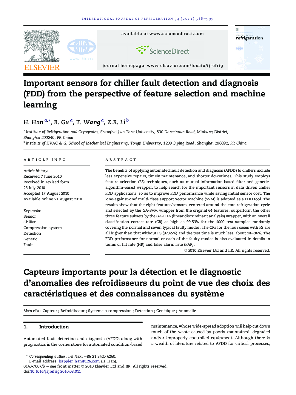 Important sensors for chiller fault detection and diagnosis (FDD) from the perspective of feature selection and machine learning