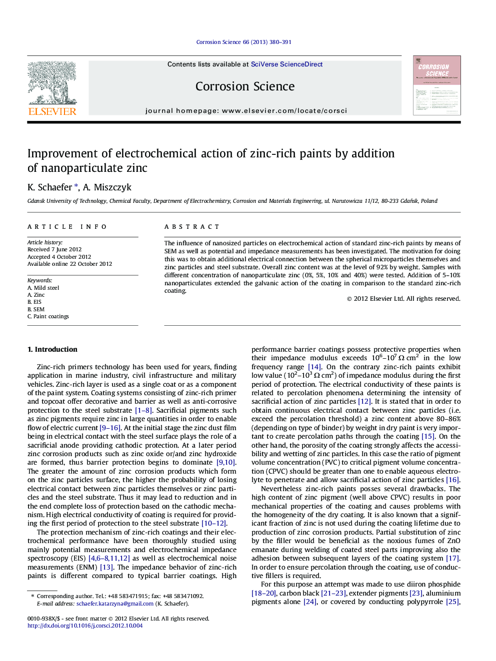 Improvement of electrochemical action of zinc-rich paints by addition of nanoparticulate zinc