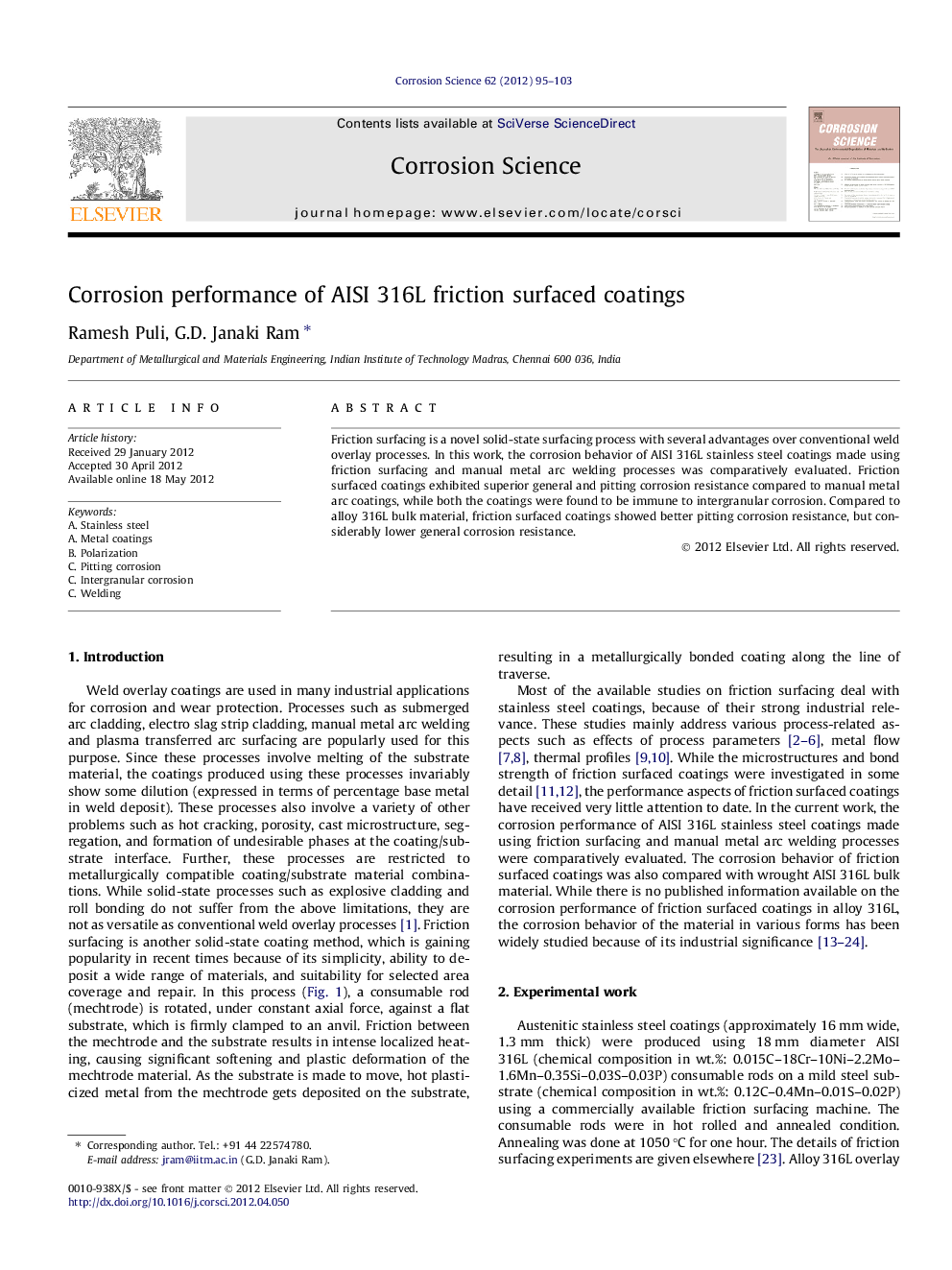 Corrosion performance of AISI 316L friction surfaced coatings