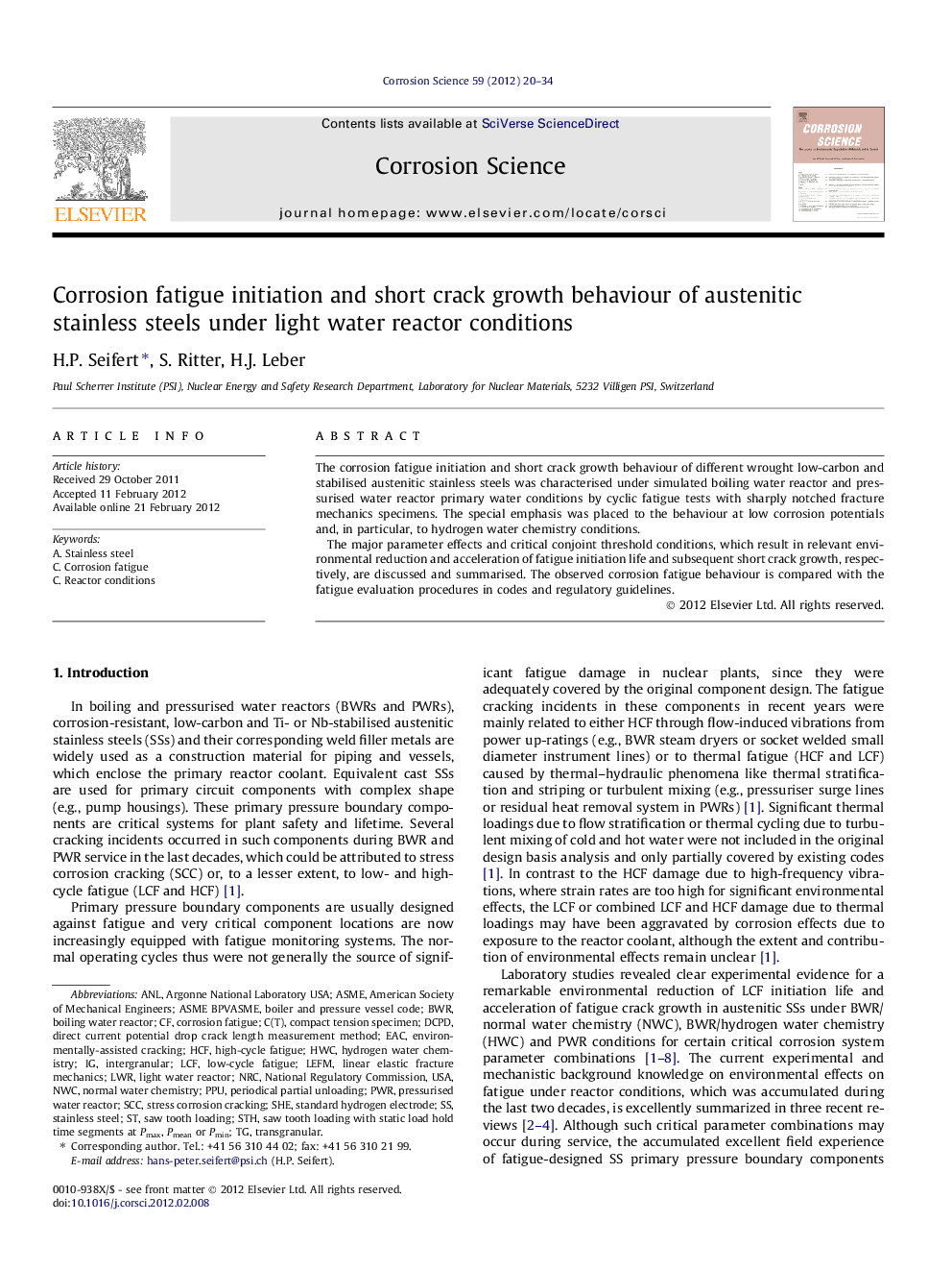 Corrosion fatigue initiation and short crack growth behaviour of austenitic stainless steels under light water reactor conditions