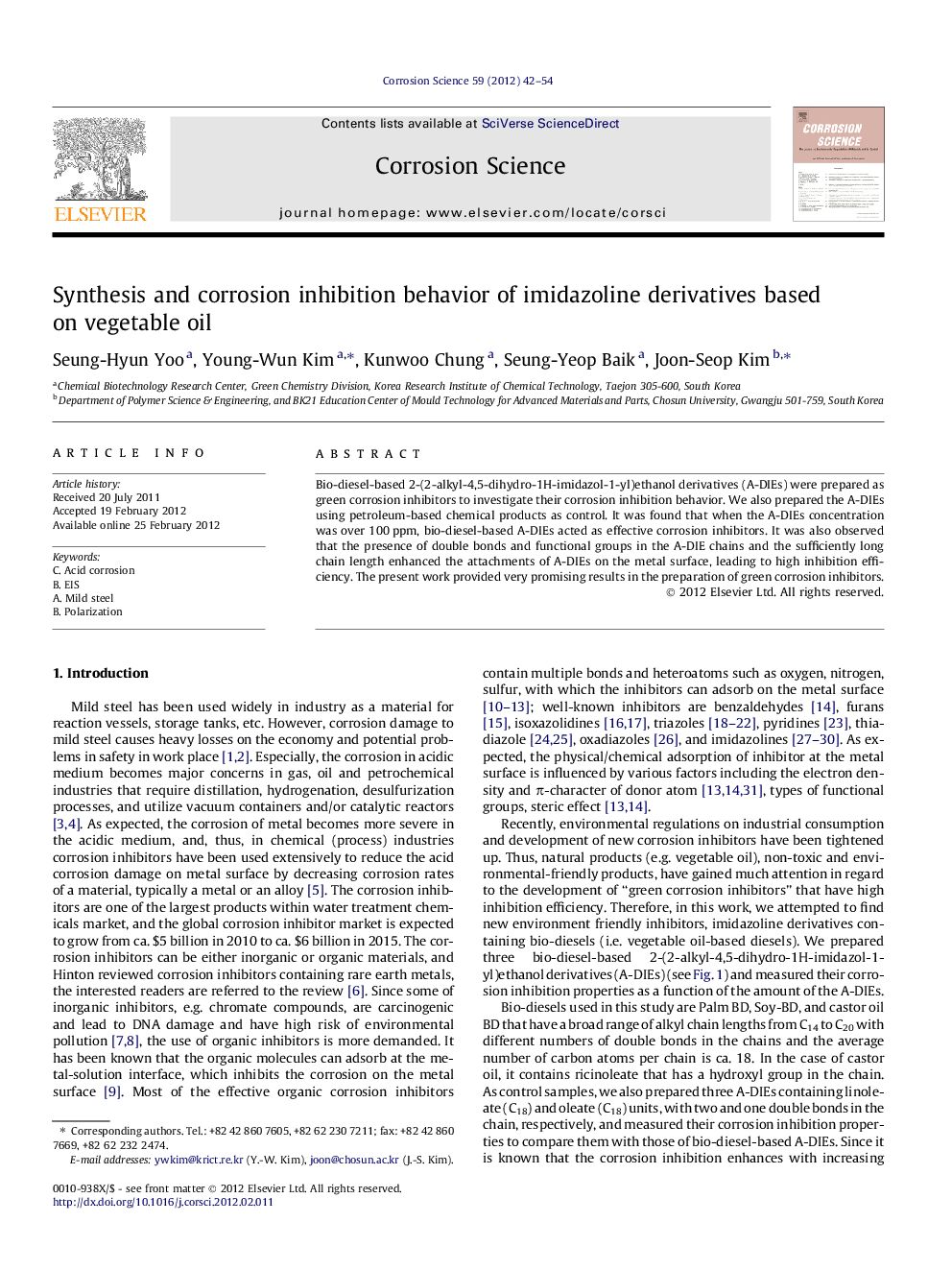 Synthesis and corrosion inhibition behavior of imidazoline derivatives based on vegetable oil