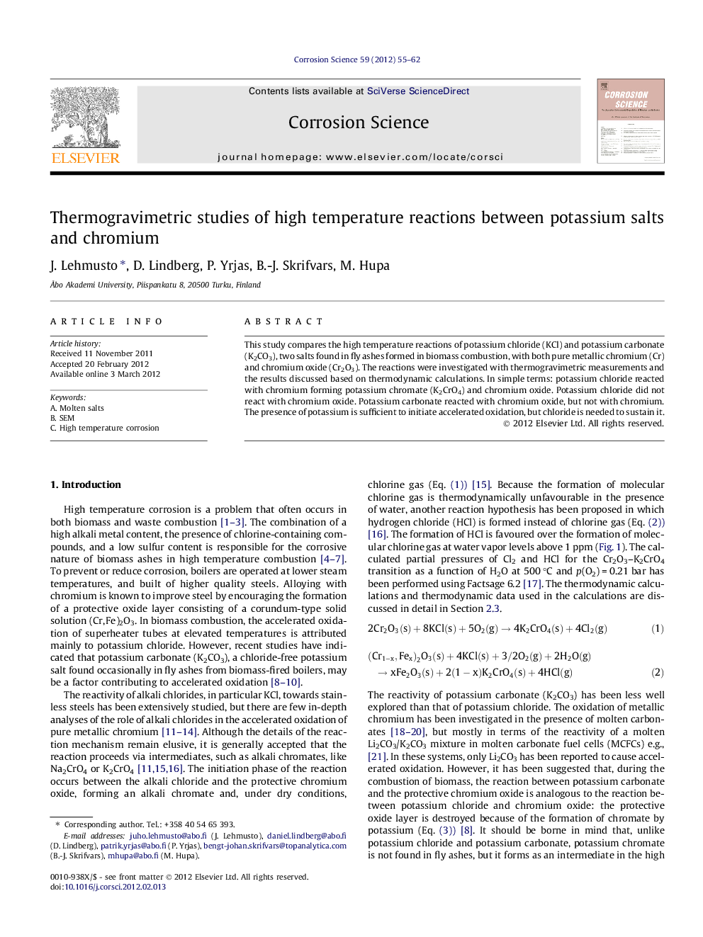 Thermogravimetric studies of high temperature reactions between potassium salts and chromium