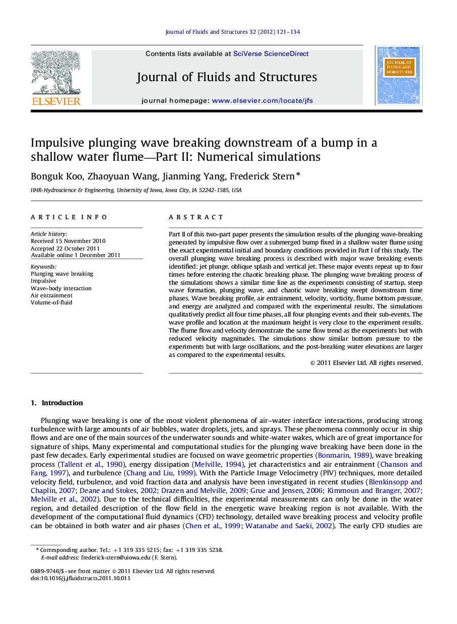عکس صفحه اول مقاله: Impulsive plunging wave breaking downstream of a bump in a shallow water flume—Part II: Numerical simulations Impulsive plunging wave breaking downstream of a bump in a shallow water flume—Part II: Numerical simulations