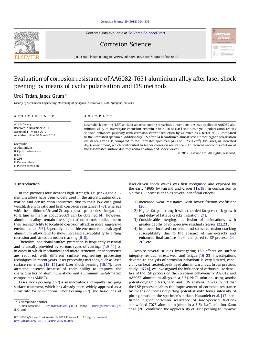 Evaluation of corrosion resistance of AA6082-T651 aluminium alloy after laser shock peening by means of cyclic polarisation and ElS methods