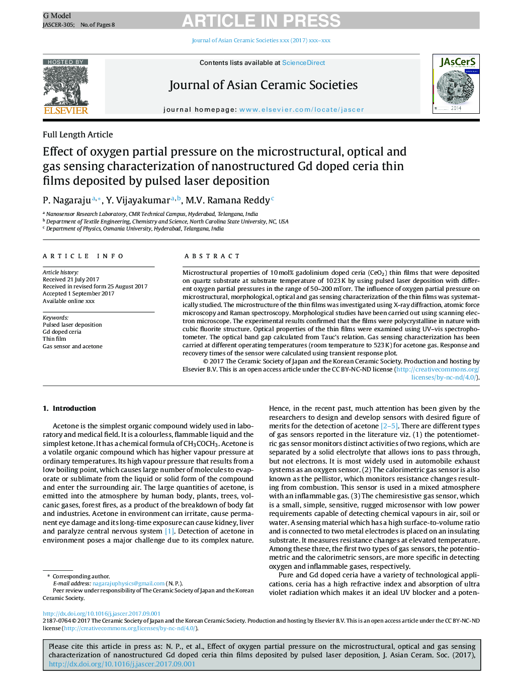 Effect of oxygen partial pressure on the microstructural, optical and gas sensing characterization of nanostructured Gd doped ceria thin films deposited by pulsed laser deposition