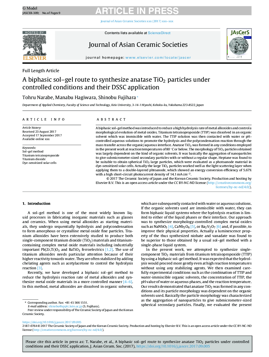 A biphasic sol-gel route to synthesize anatase TiO2 particles under controlled conditions and their DSSC application