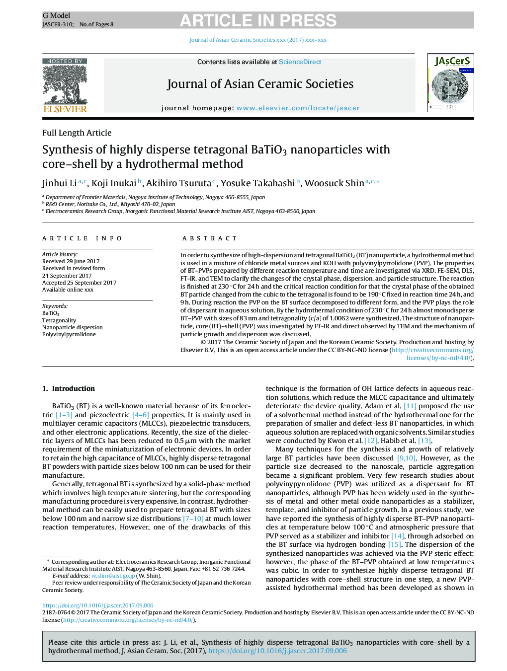 Synthesis of highly disperse tetragonal BaTiO3 nanoparticles with core-shell by a hydrothermal method