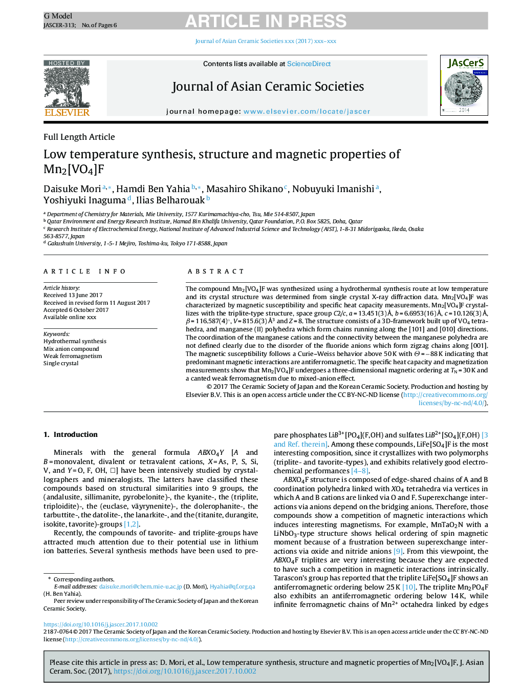 Low temperature synthesis, structure and magnetic properties of Mn2[VO4]F