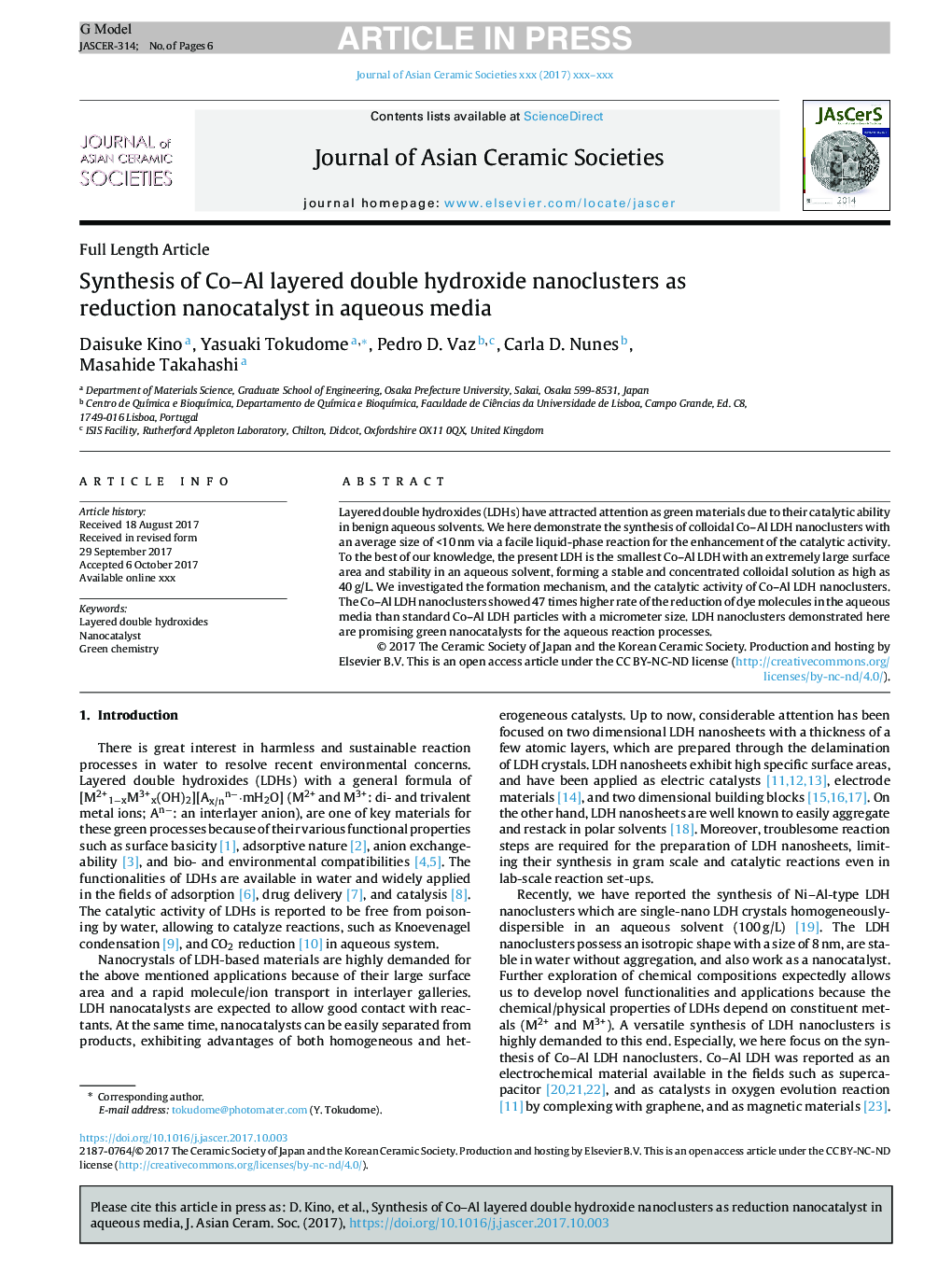 Synthesis of Co-Al layered double hydroxide nanoclusters as reduction nanocatalyst in aqueous media