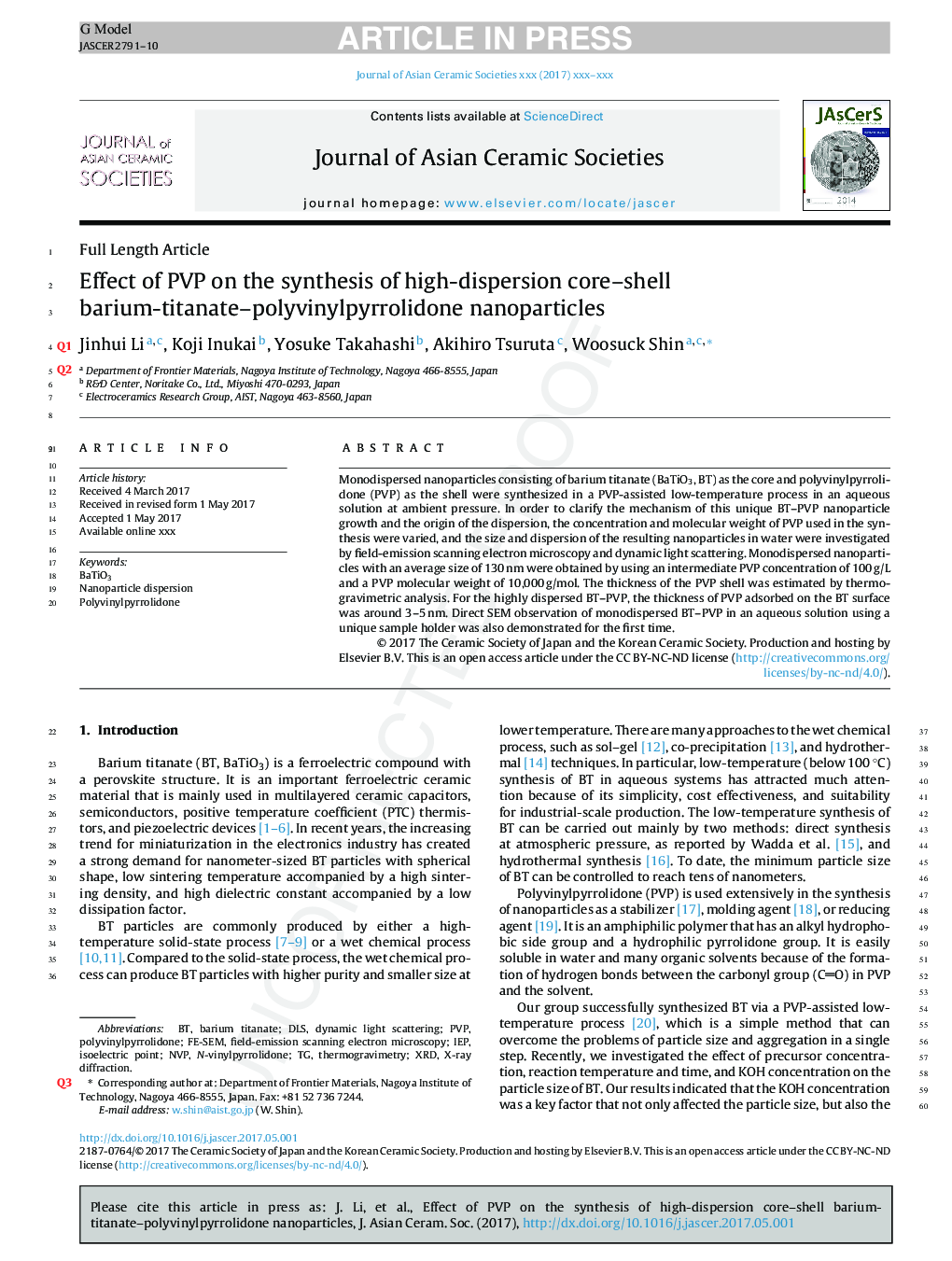 Effect of PVP on the synthesis of high-dispersion core-shell barium-titanate-polyvinylpyrrolidone nanoparticles