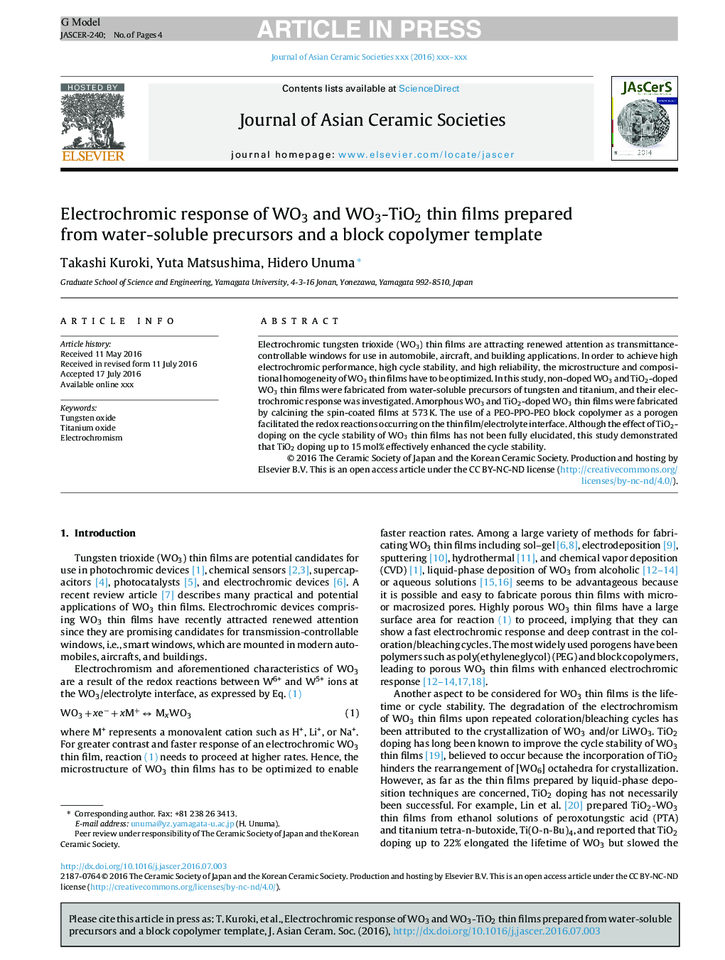 Electrochromic response of WO3 and WO3-TiO2 thin films prepared from water-soluble precursors and a block copolymer template