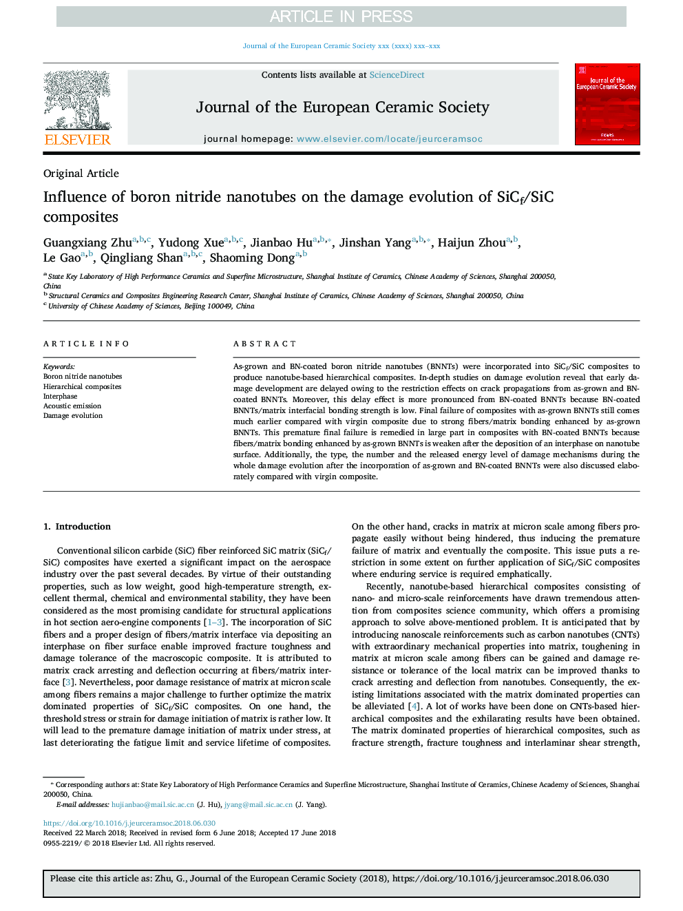 Influence of boron nitride nanotubes on the damage evolution of SiCf/SiC composites