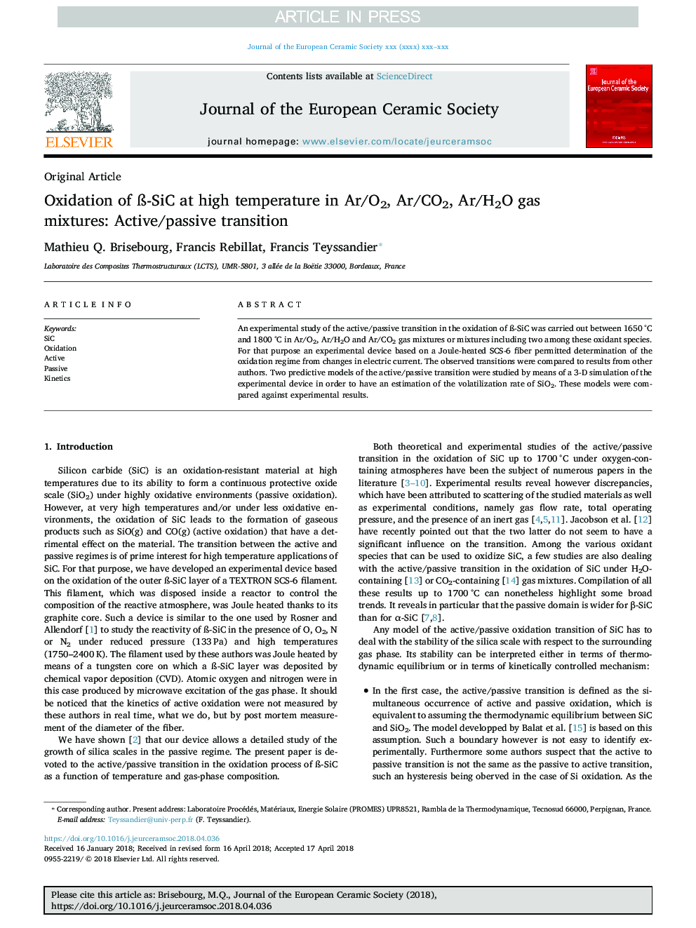 Oxidation of Ã-SiC at high temperature in Ar/O2, Ar/CO2, Ar/H2O gas mixtures: Active/passive transition