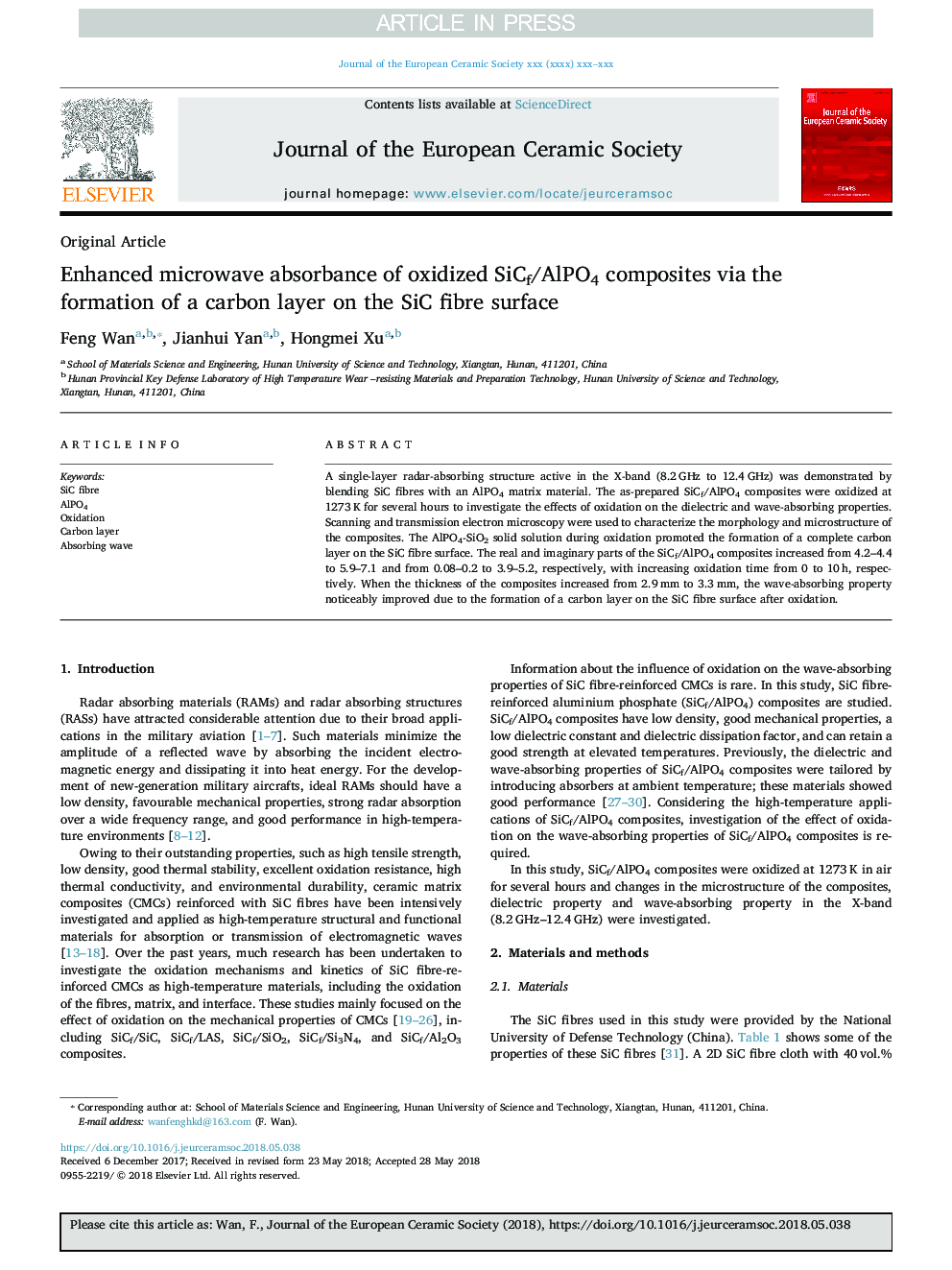 Enhanced microwave absorbance of oxidized SiCf/AlPO4 composites via the formation of a carbon layer on the SiC fibre surface