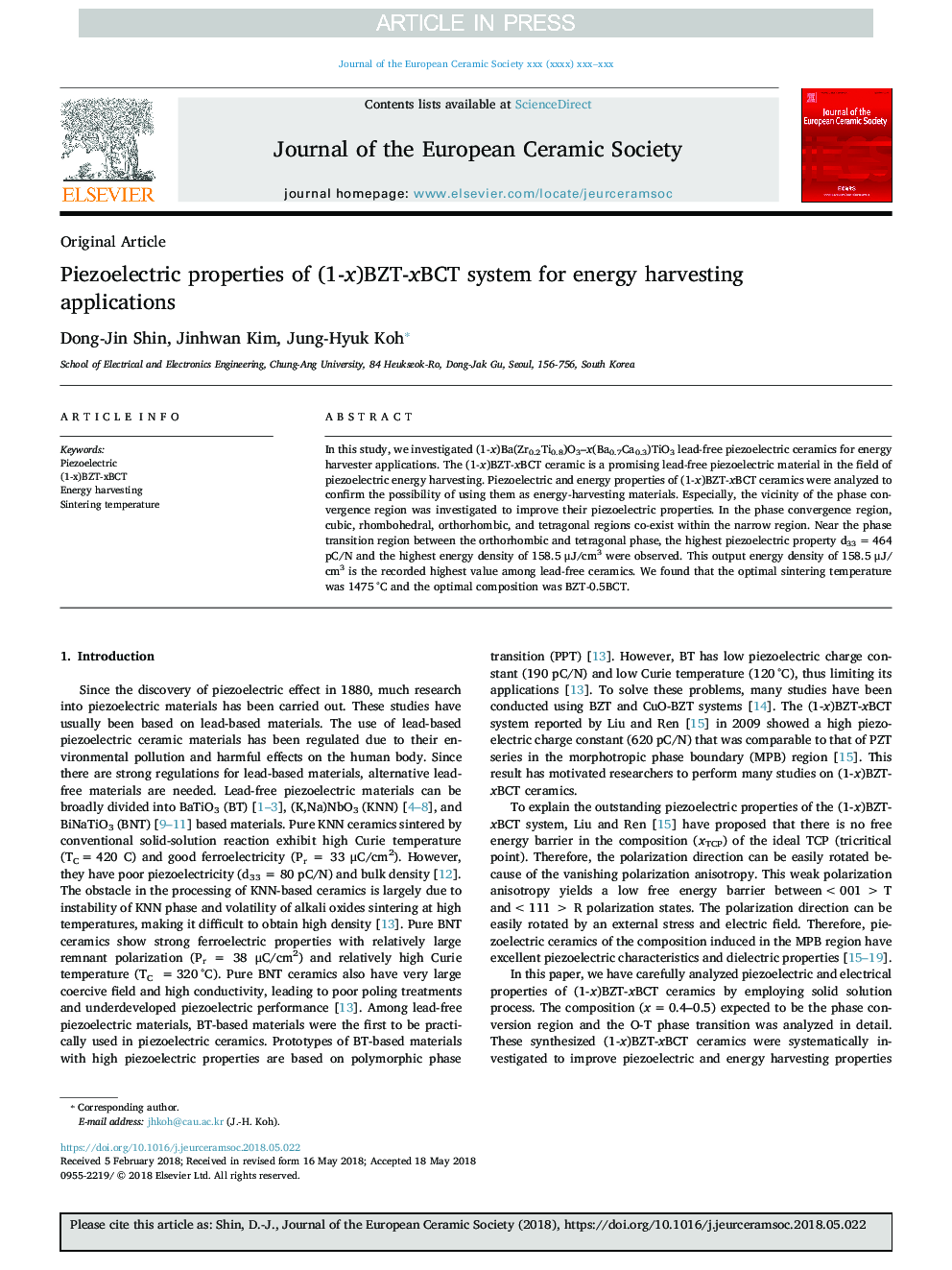 Piezoelectric properties of (1-x)BZT-xBCT system for energy harvesting applications