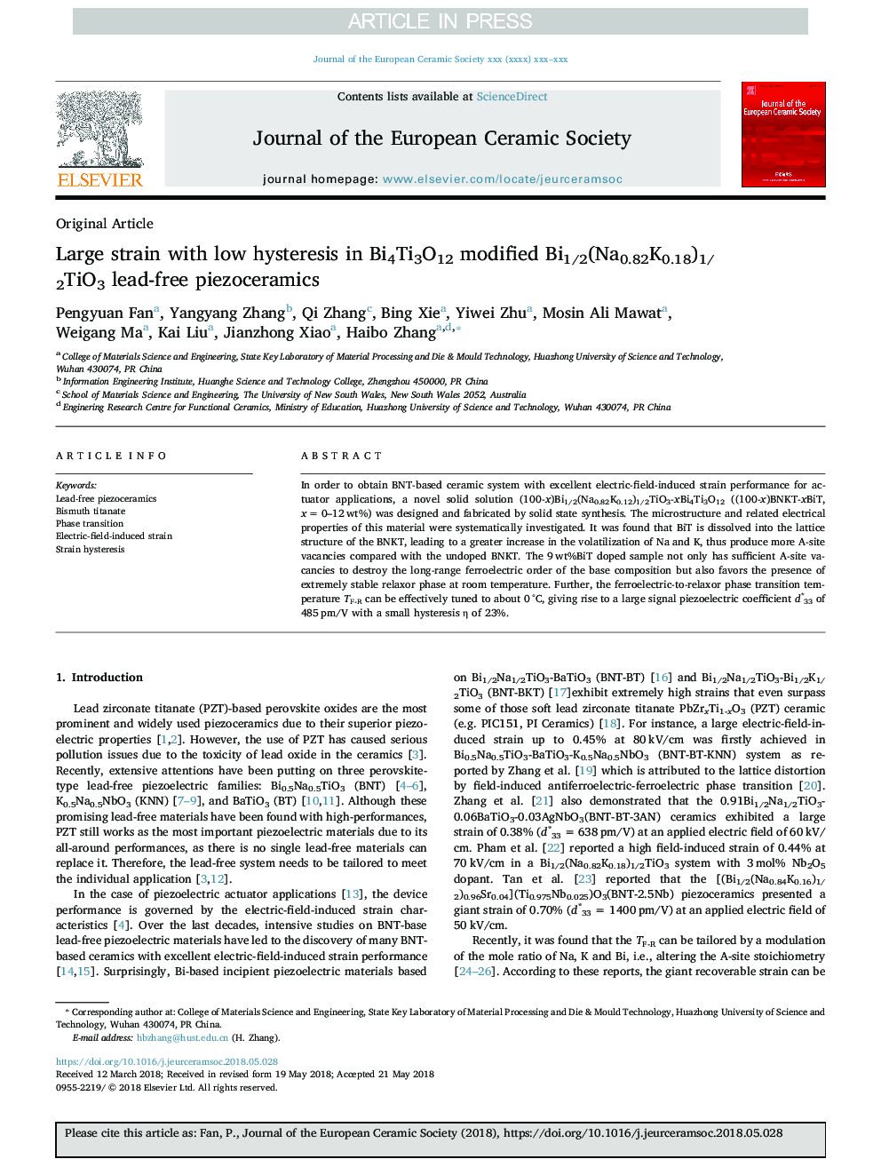 Large strain with low hysteresis in Bi4Ti3O12 modified Bi1/2(Na0.82K0.18)1/2TiO3 lead-free piezoceramics