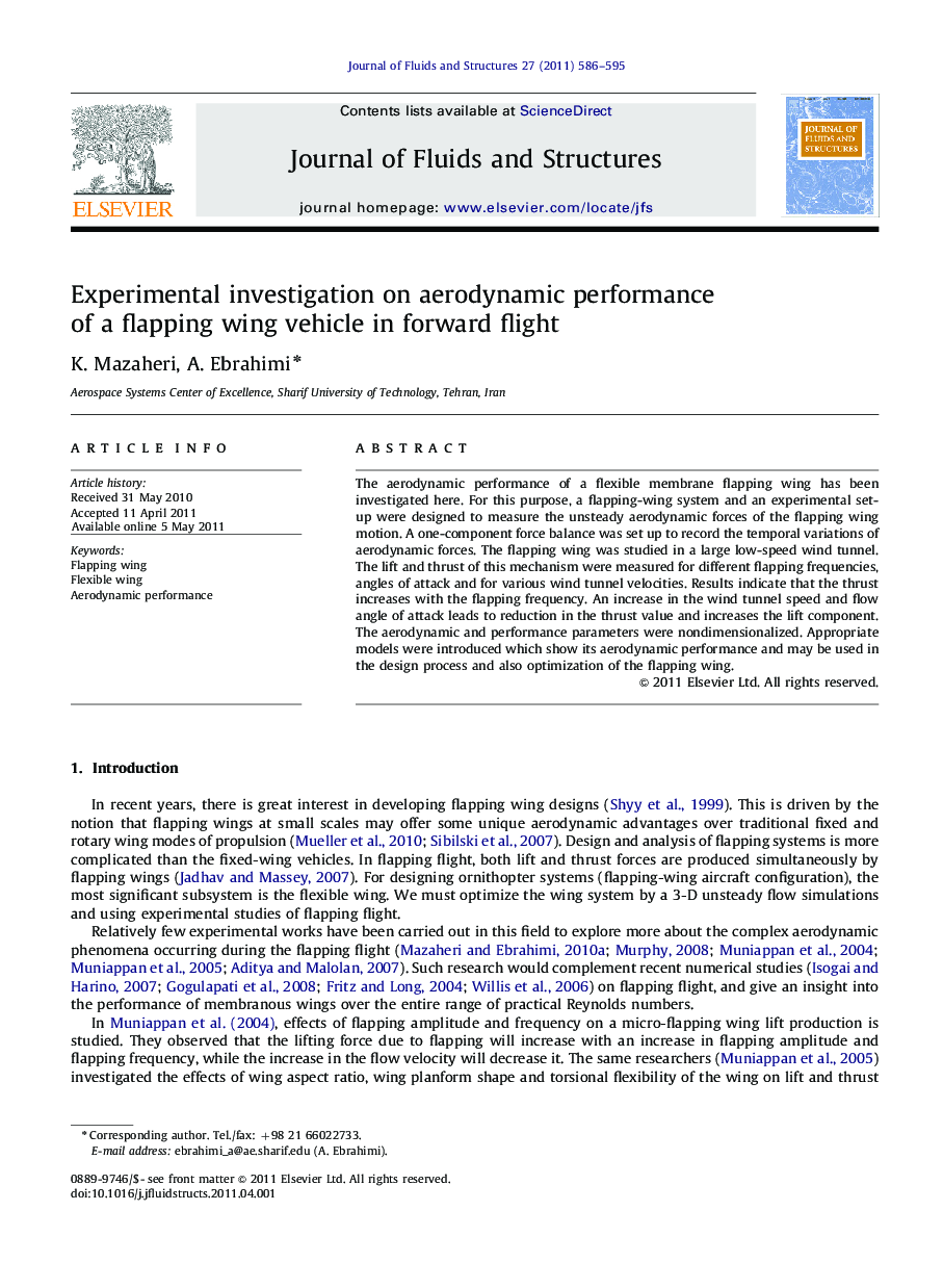 Experimental investigation on aerodynamic performance of a flapping wing vehicle in forward flight