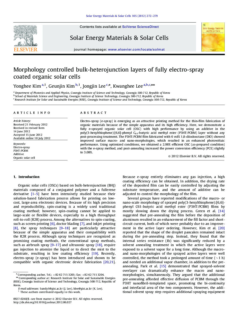 Morphology controlled bulk-heterojunction layers of fully electro-spray coated organic solar cells