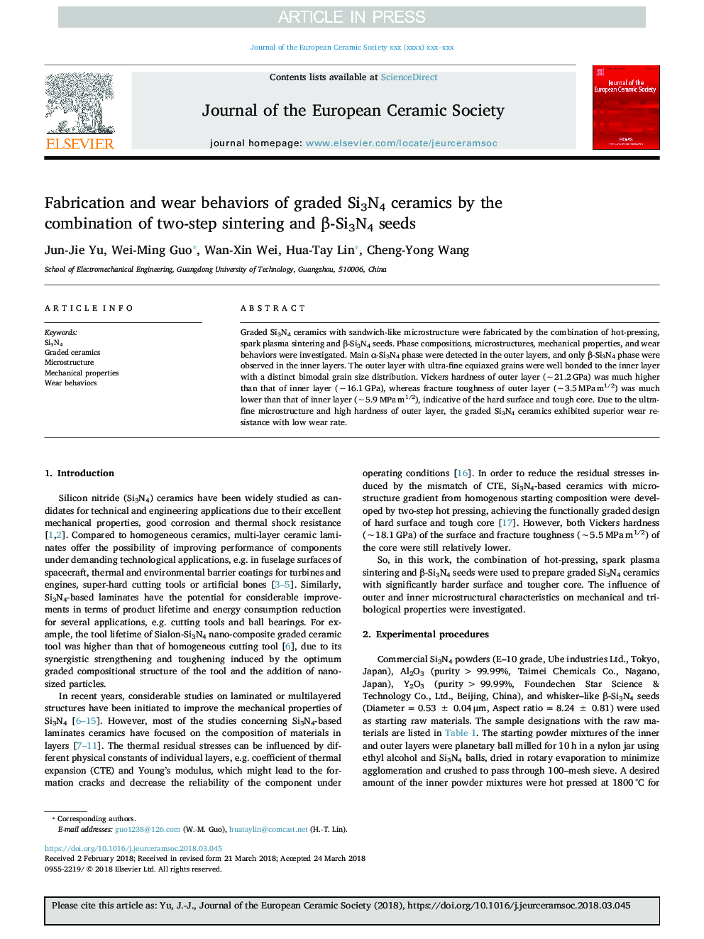 Fabrication and wear behaviors of graded Si3N4 ceramics by the combination of two-step sintering and Î²-Si3N4 seeds