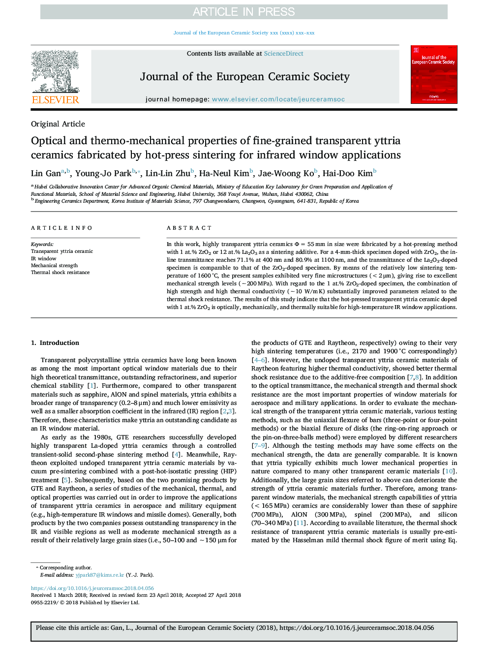 Optical and thermo-mechanical properties of fine-grained transparent yttria ceramics fabricated by hot-press sintering for infrared window applications