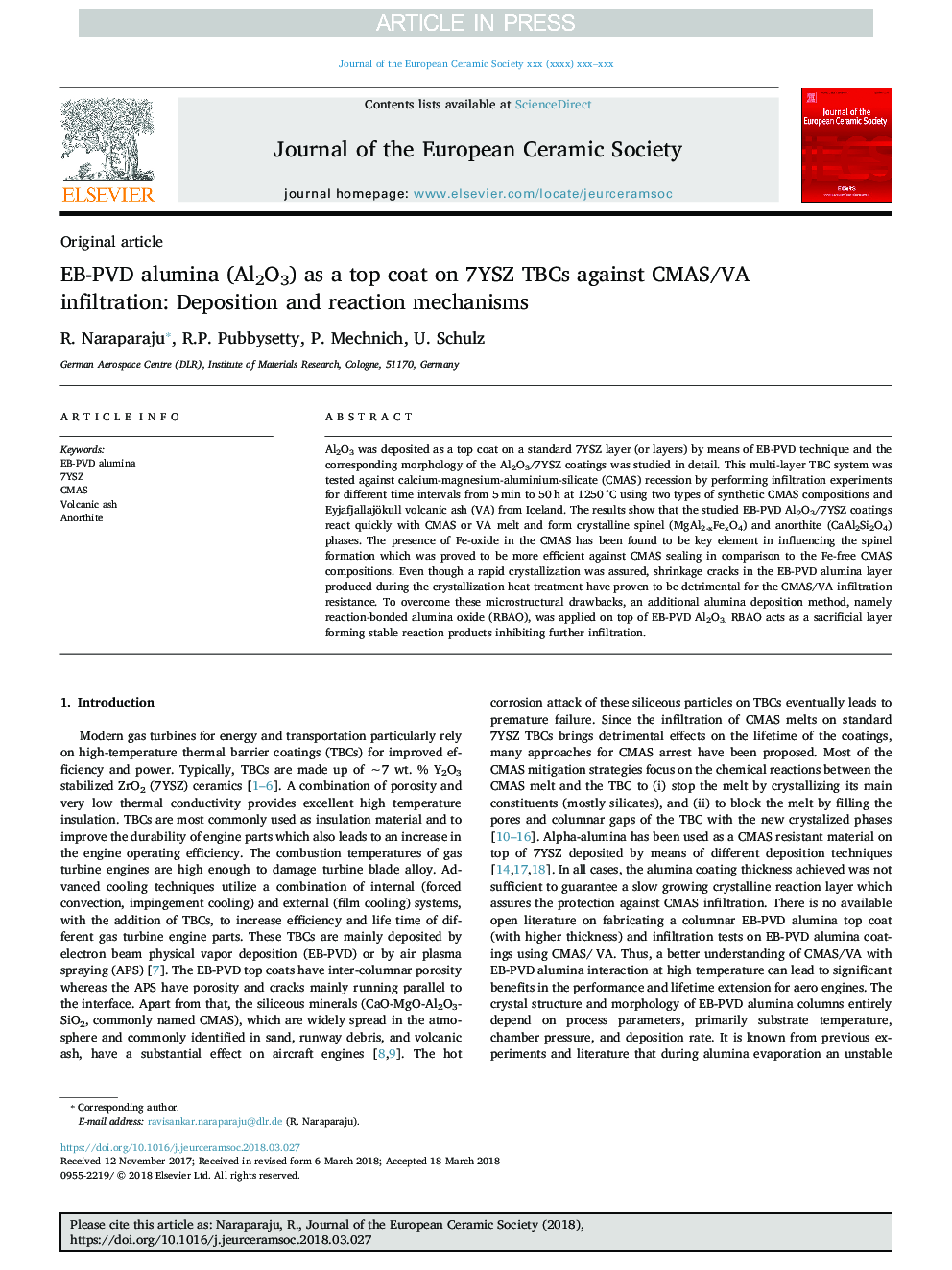 EB-PVD alumina (Al2O3) as a top coat on 7YSZ TBCs against CMAS/VA infiltration: Deposition and reaction mechanisms