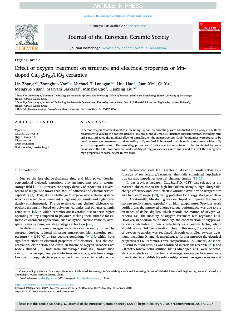 Effect of oxygen treatment on structure and electrical properties of Mn-doped Ca0.6Sr0.4TiO3 ceramics