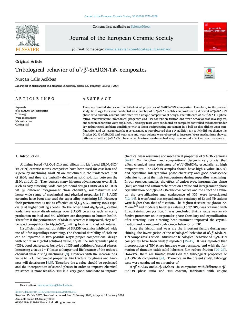 Tribological behavior of Î±Ä±/Î²Ä±-SiAlON-TiN composites