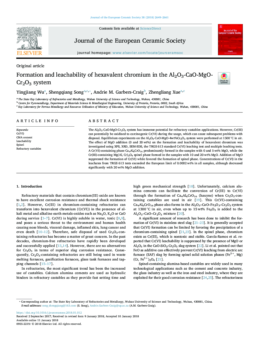 Formation and leachability of hexavalent chromium in the Al2O3-CaO-MgO-Cr2O3 system