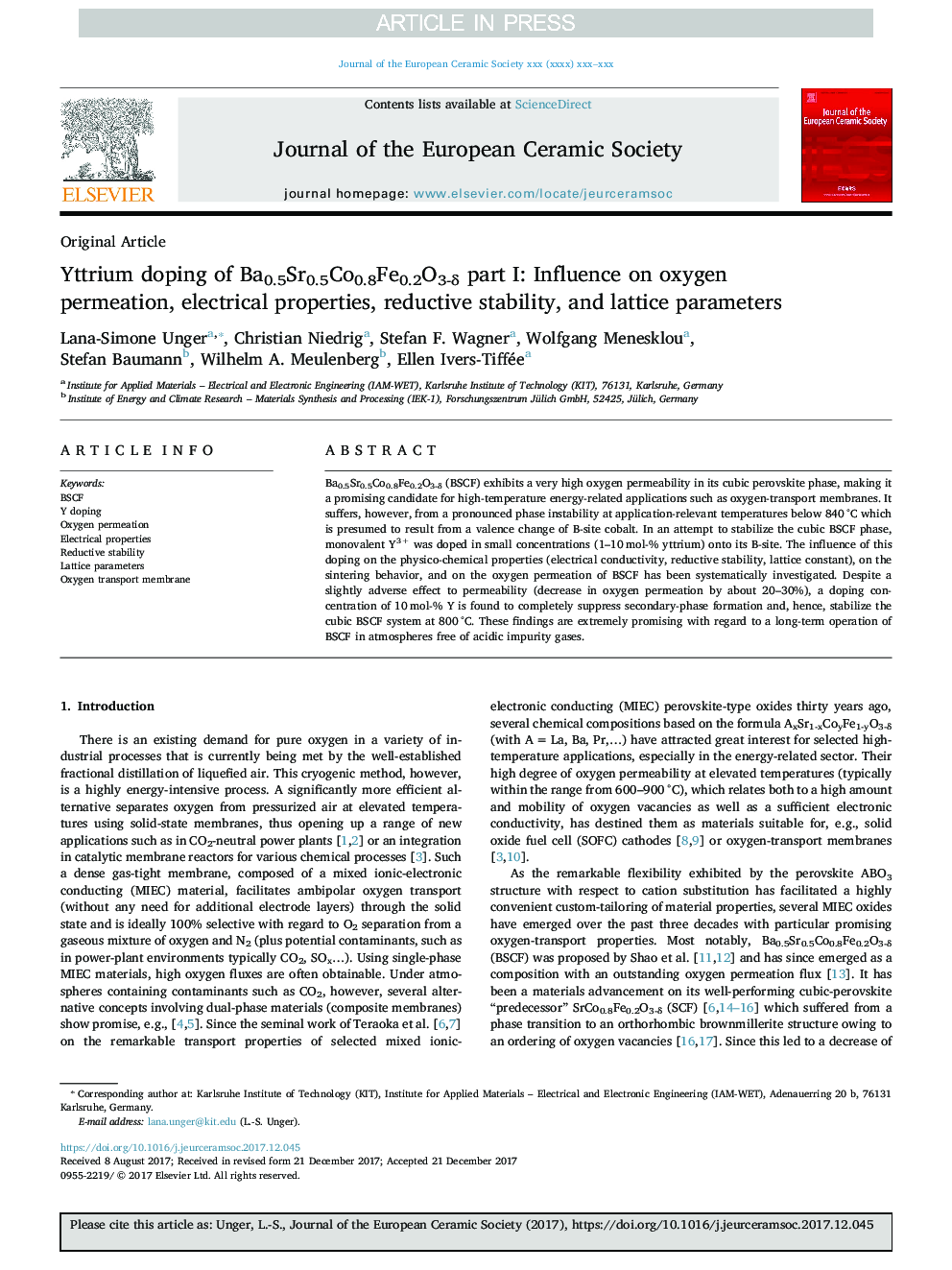 Yttrium doping of Ba0.5Sr0.5Co0.8Fe0.2O3-Î´ part I: Influence on oxygen permeation, electrical properties, reductive stability, and lattice parameters