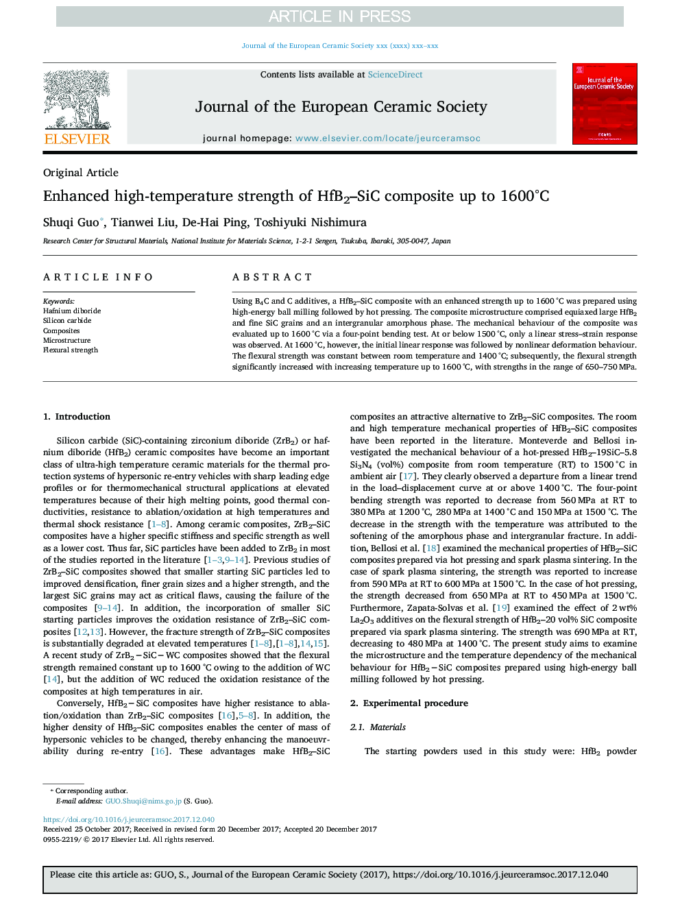 Enhanced high-temperature strength of HfB2-SiC composite up to 1600Â°C