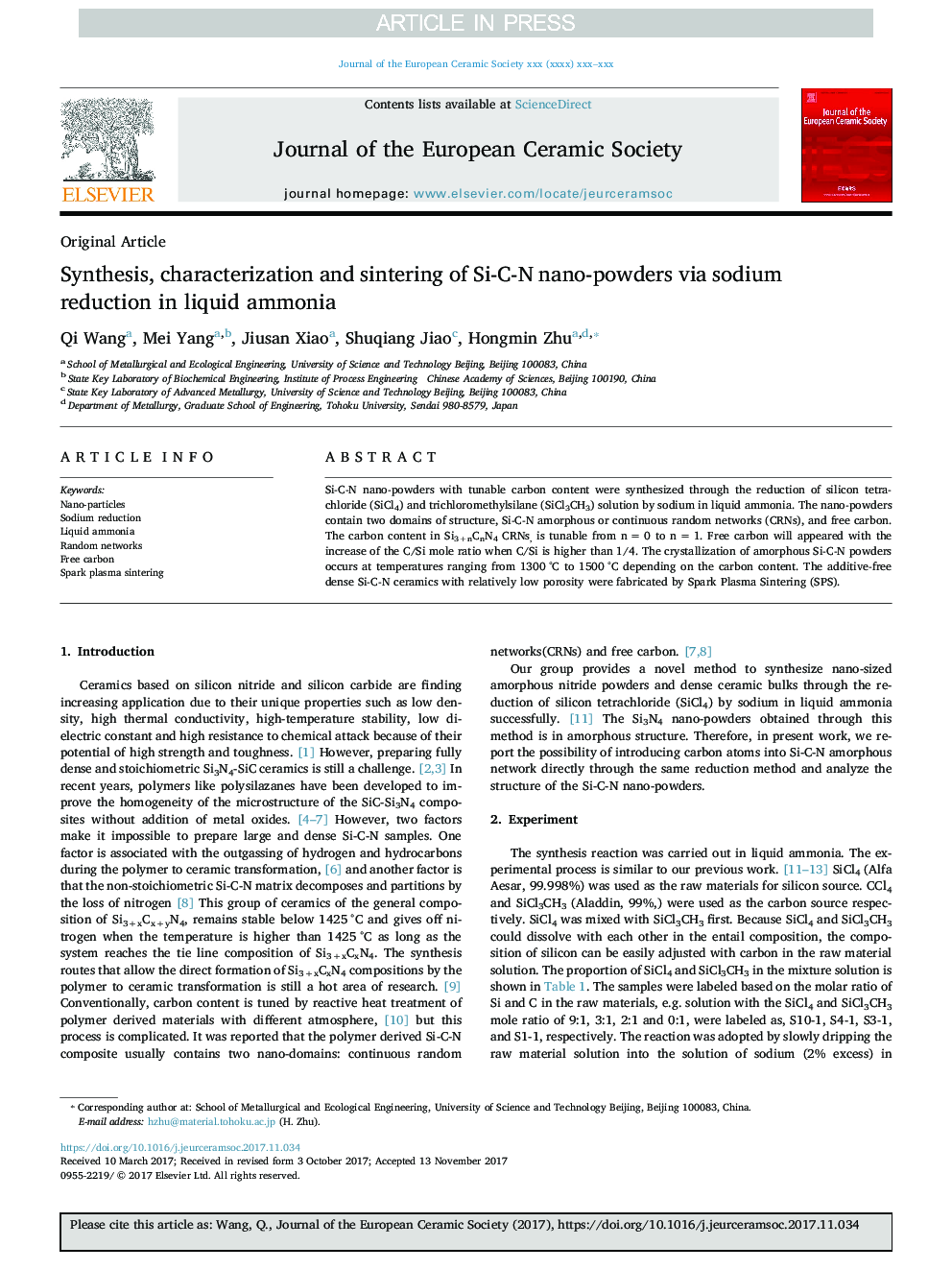 Synthesis, characterization and sintering of Si-C-N nano-powders via sodium reduction in liquid ammonia