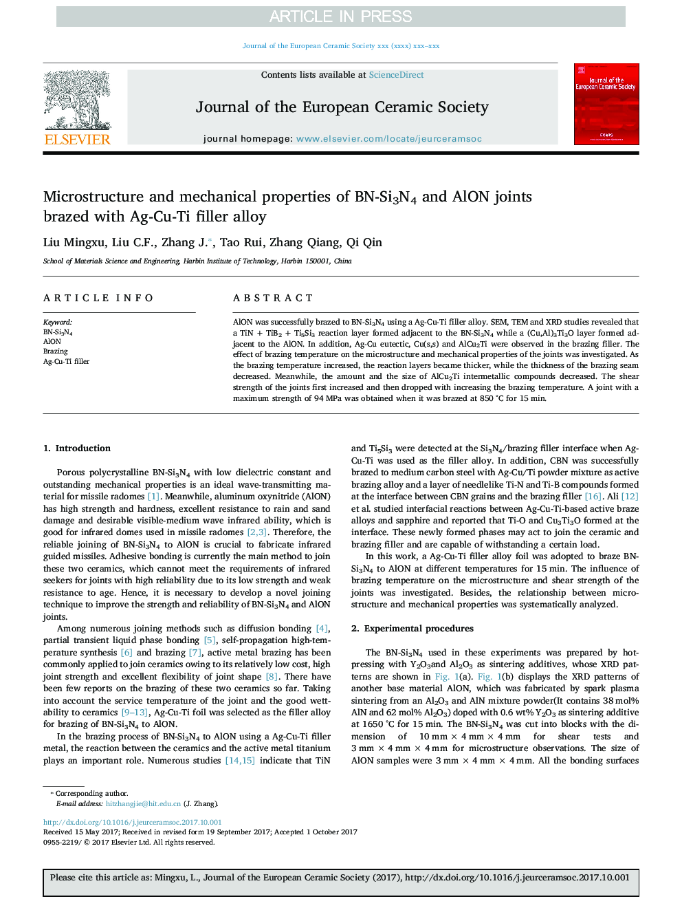 Microstructure and mechanical properties of BN-Si3N4 and AlON joints brazed with Ag-Cu-Ti filler alloy