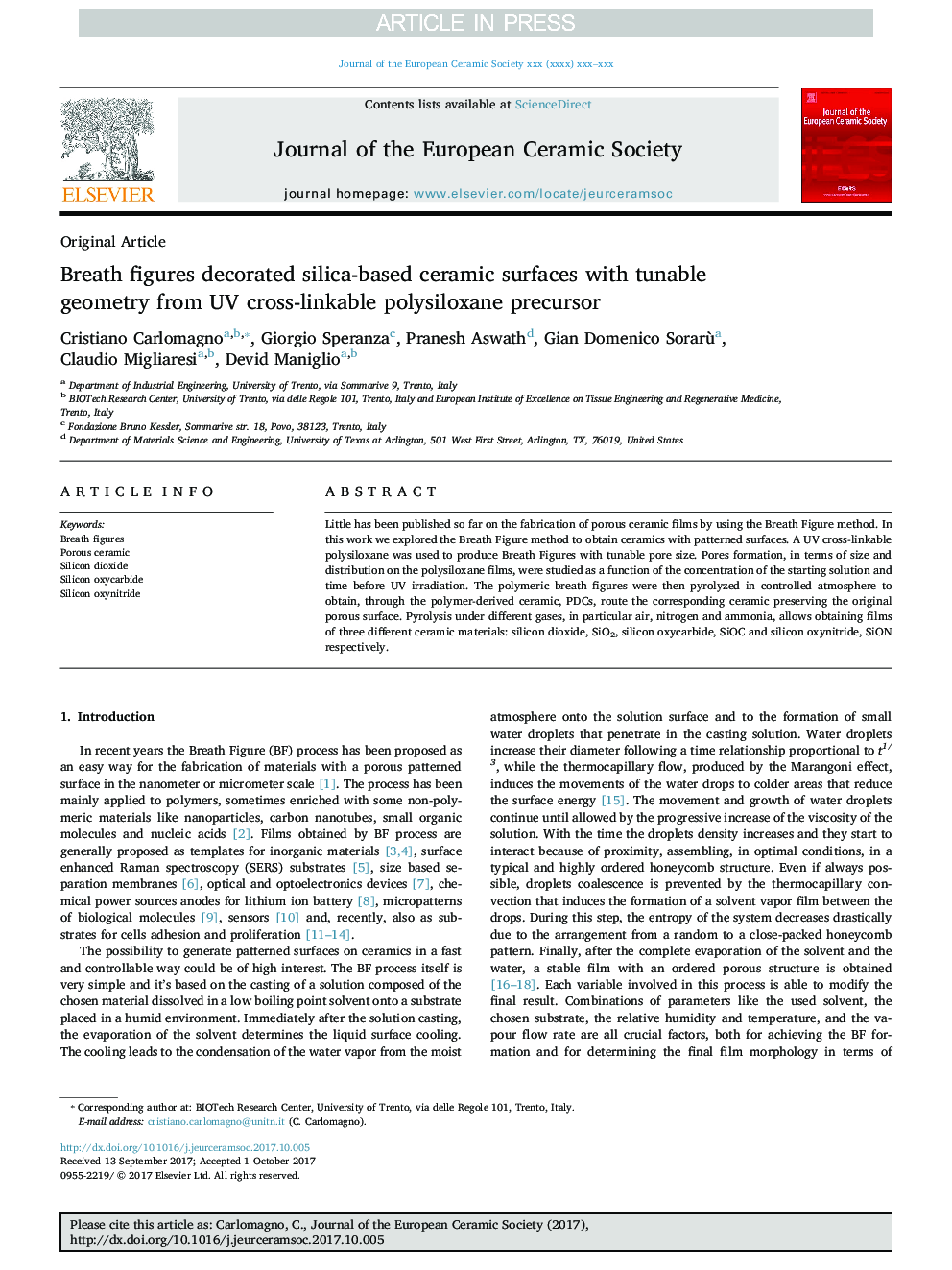 Breath figures decorated silica-based ceramic surfaces with tunable geometry from UV cross-linkable polysiloxane precursor