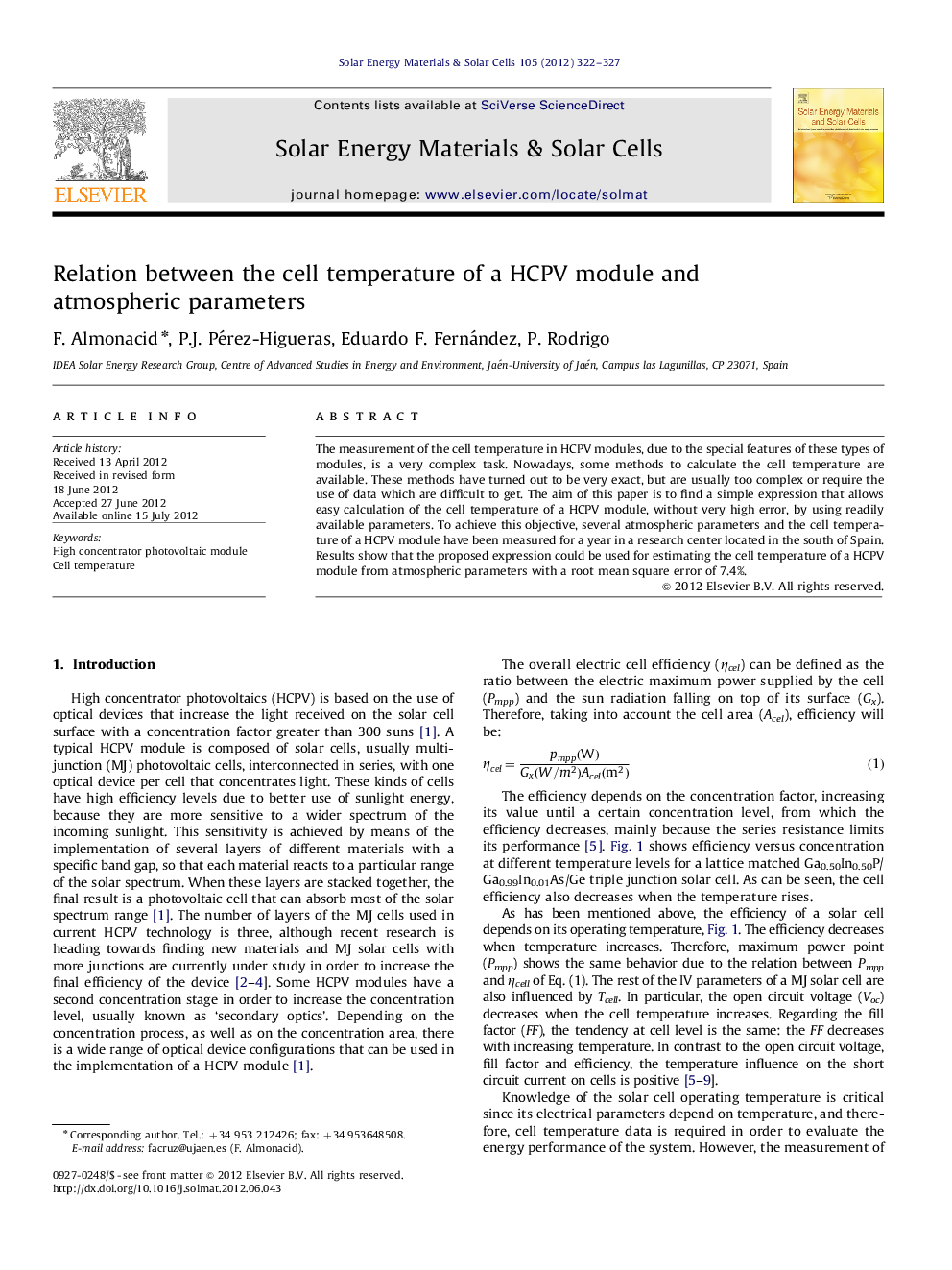 Relation between the cell temperature of a HCPV module and atmospheric parameters