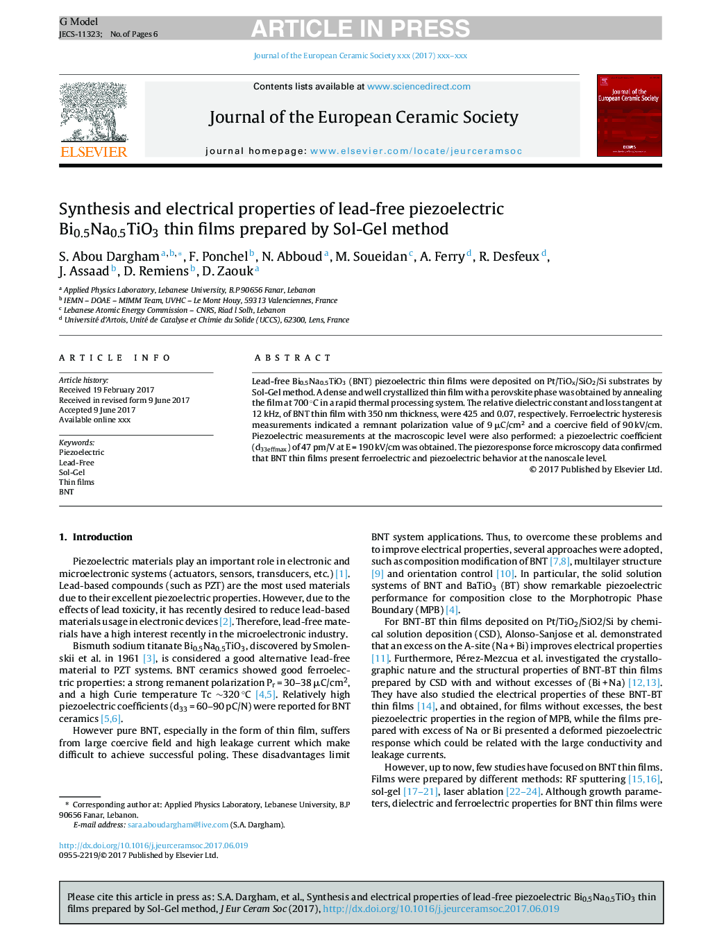 Synthesis and electrical properties of lead-free piezoelectric Bi0.5Na0.5TiO3 thin films prepared by Sol-Gel method