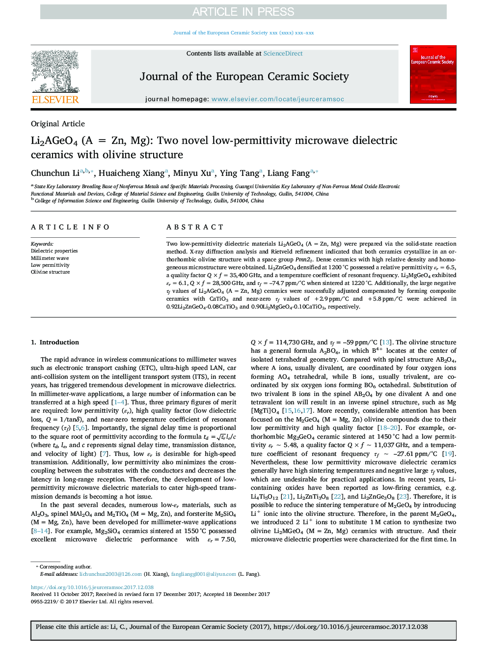 Li2AGeO4 (A = Zn, Mg): Two novel low-permittivity microwave dielectric ceramics with olivine structure