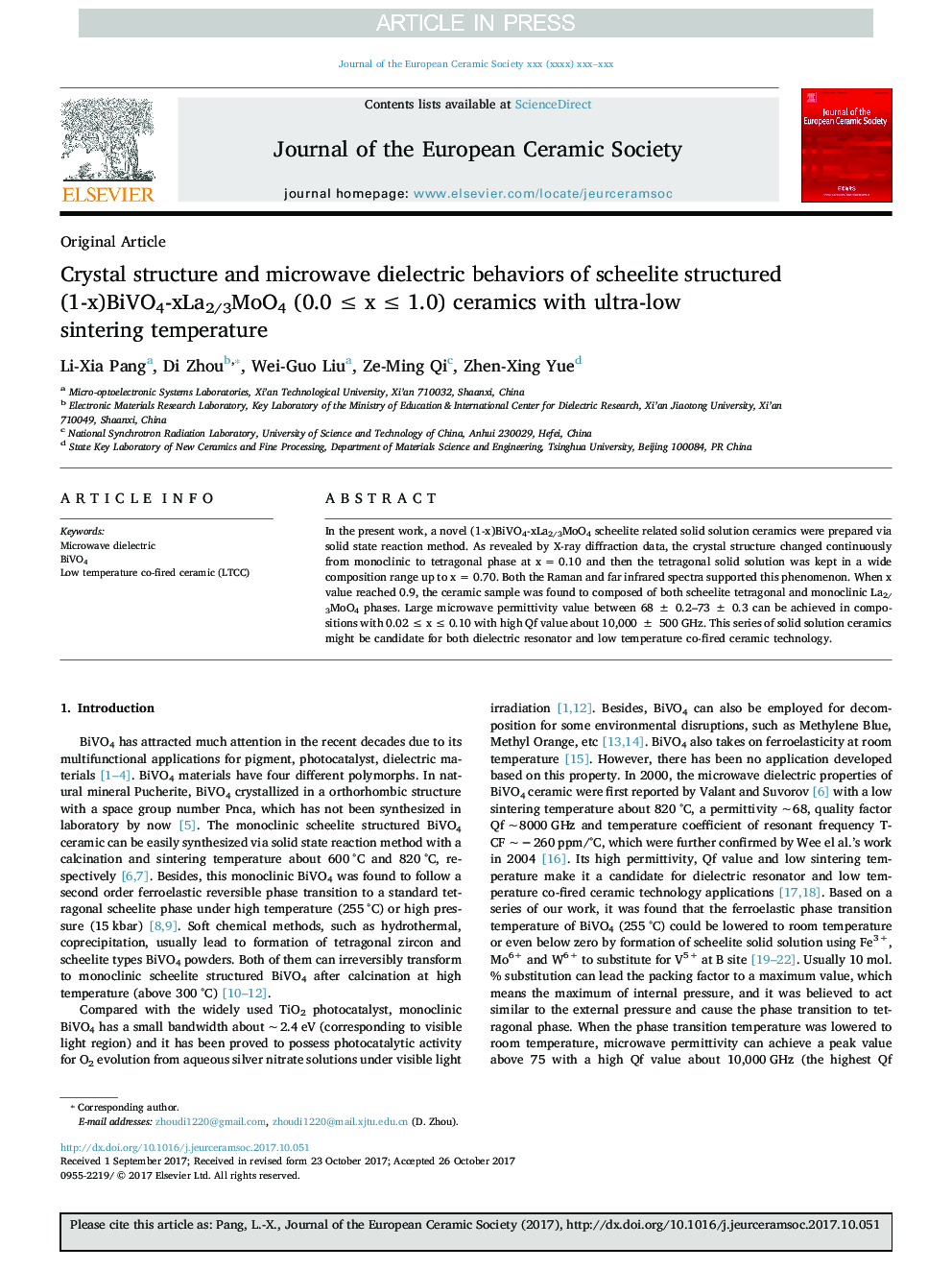 Crystal structure and microwave dielectric behaviors of scheelite structured (1-x)BiVO4-xLa2/3MoO4 (0.0Â â¤Â xÂ â¤Â 1.0) ceramics with ultra-low sintering temperature