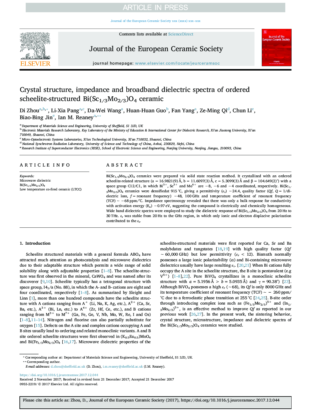 Crystal structure, impedance and broadband dielectric spectra of ordered scheelite-structured Bi(Sc1/3Mo2/3)O4 ceramic