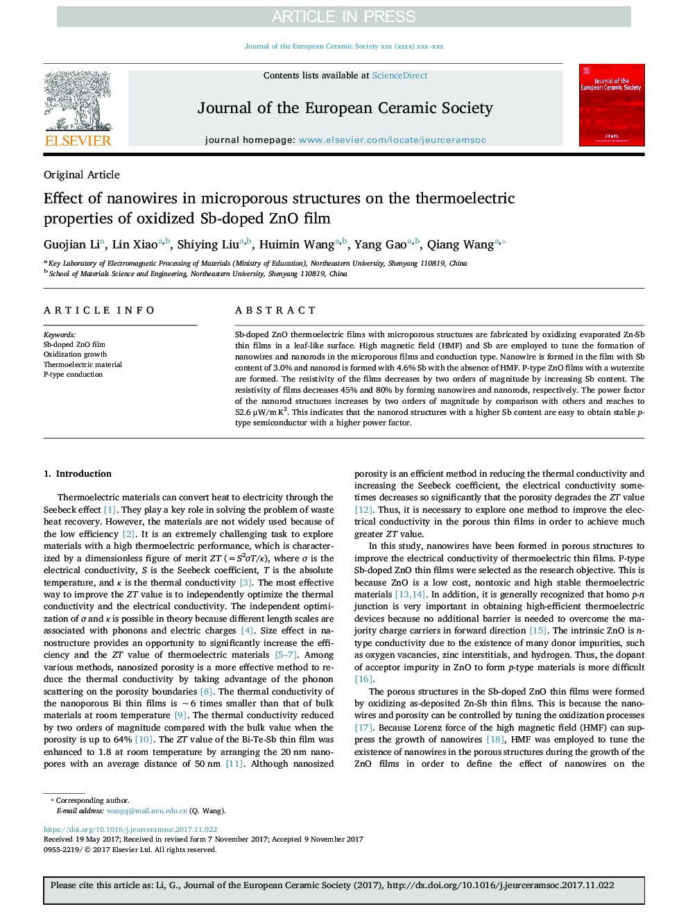 عکس صفحه اول مقاله: Effect of nanowires in microporous structures on the thermoelectric properties of oxidized Sb-doped ZnO film Effect of nanowires in microporous structures on the thermoelectric properties of oxidized Sb-doped ZnO film
