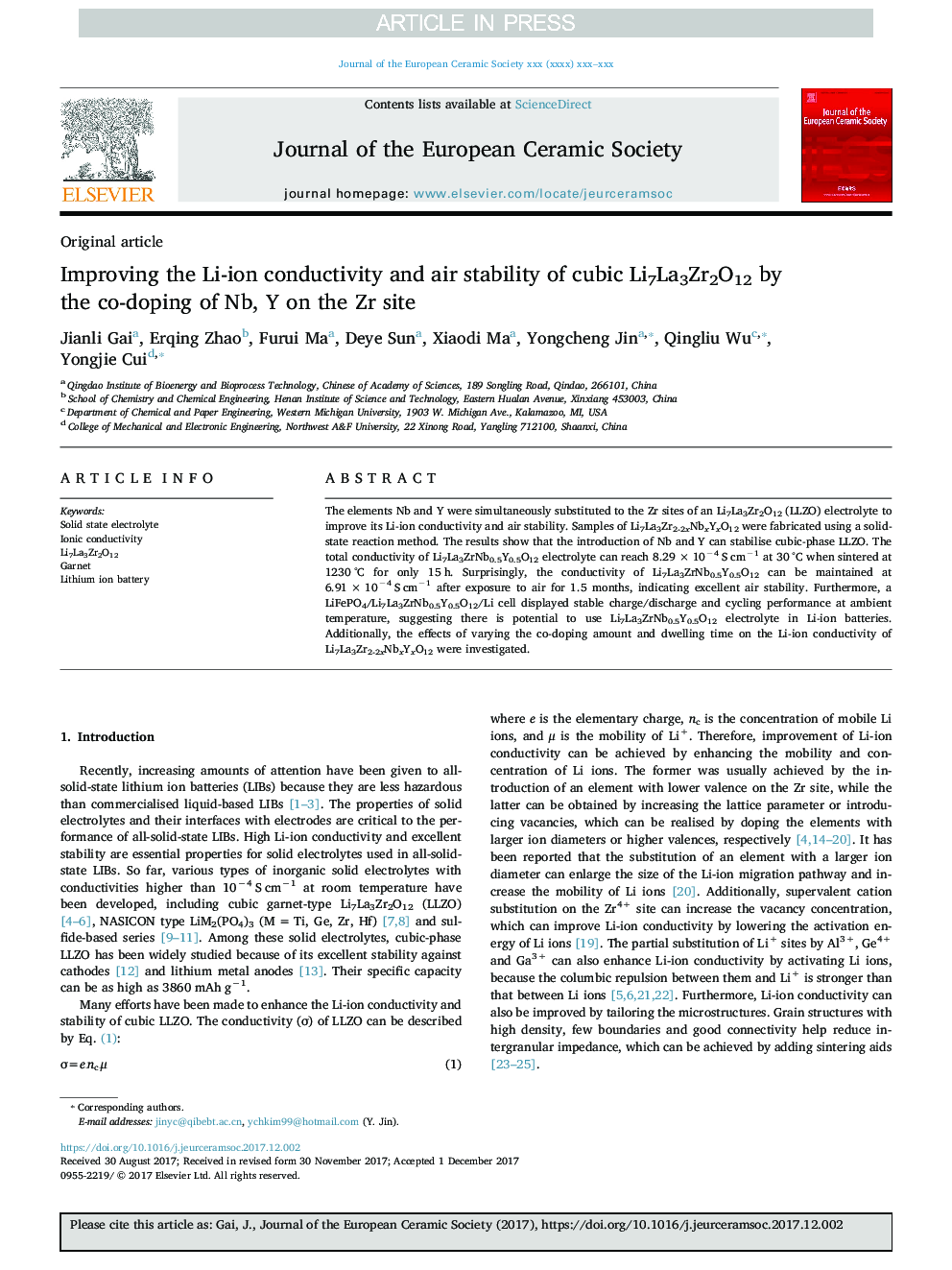 Improving the Li-ion conductivity and air stability of cubic Li7La3Zr2O12 by the co-doping of Nb, Y on the Zr site