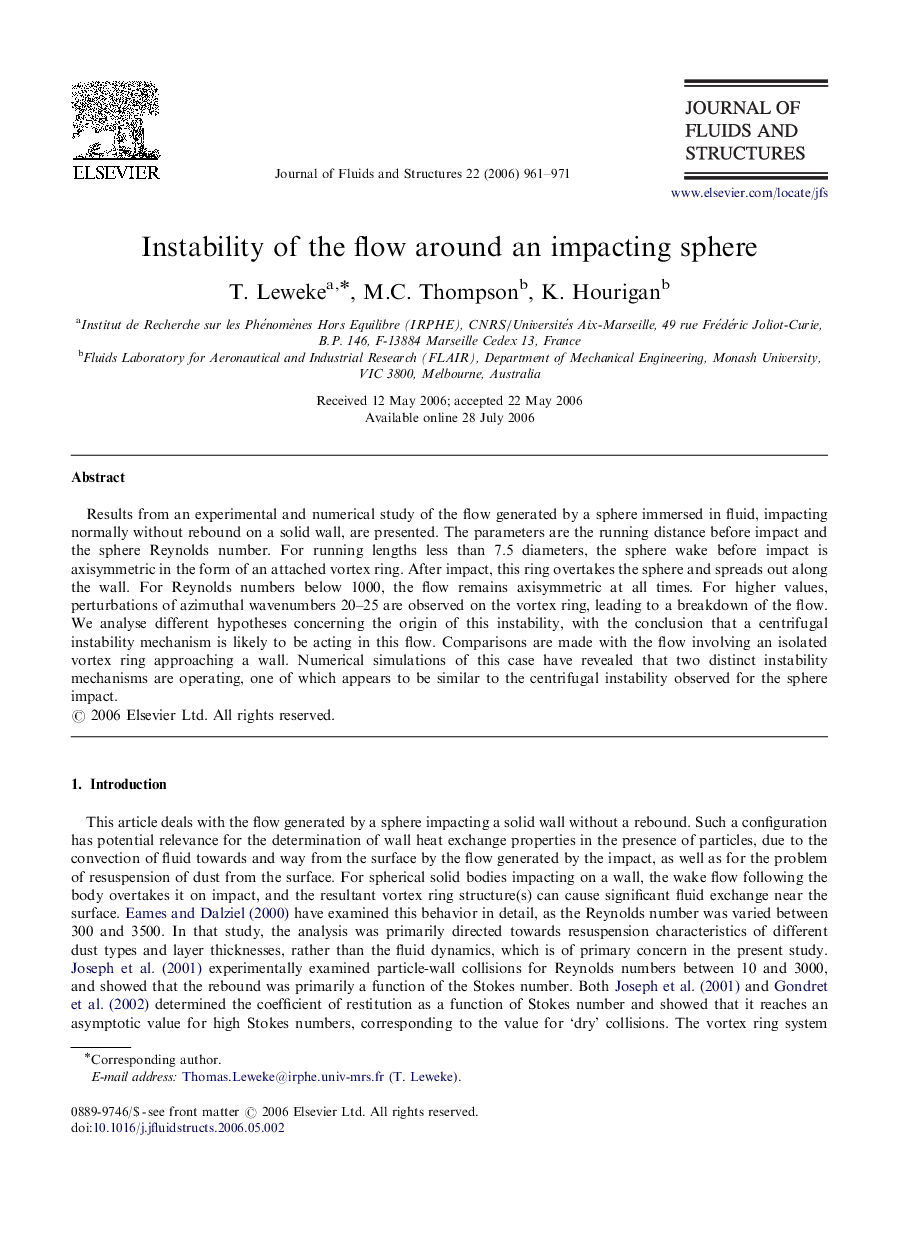 Instability of the flow around an impacting sphere