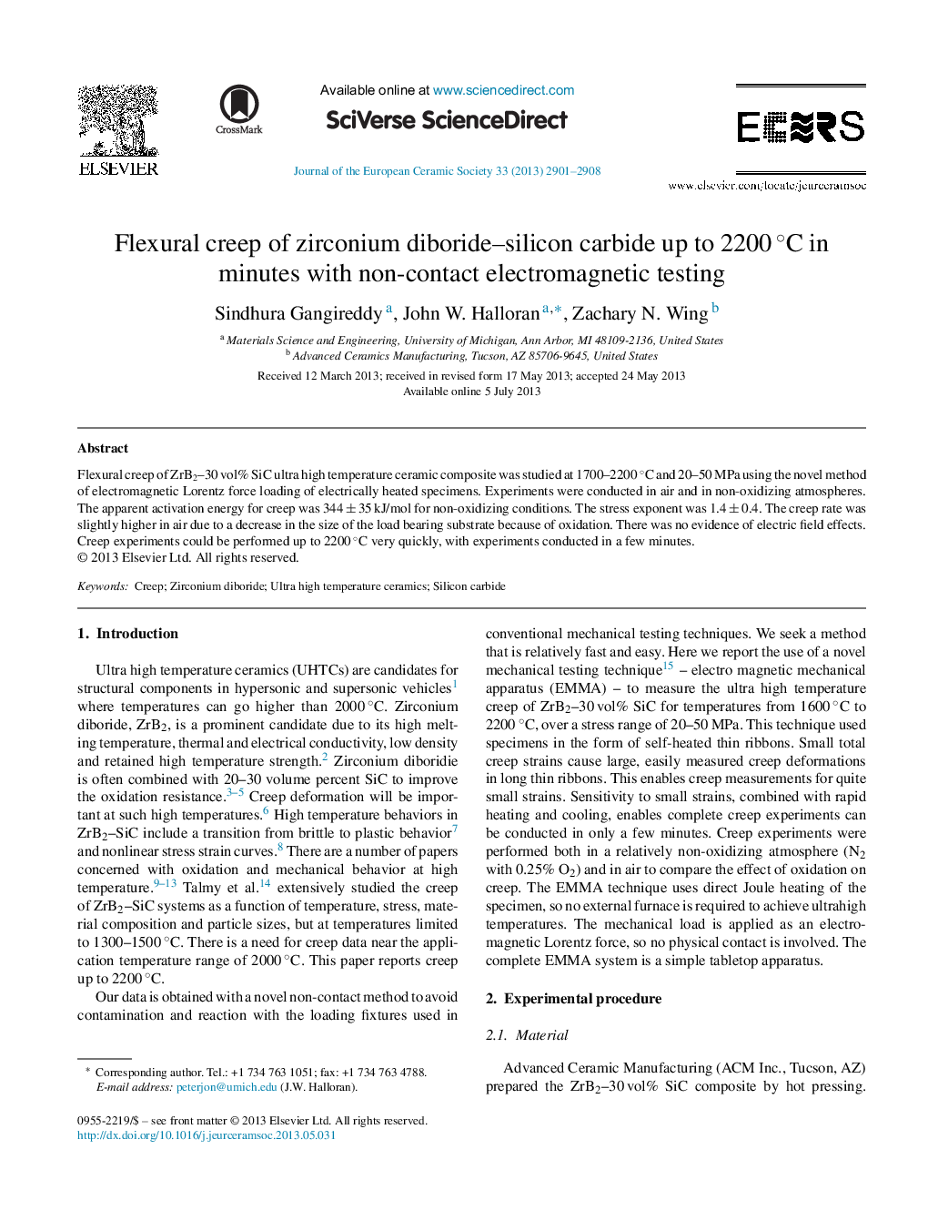 Flexural creep of zirconium diboride-silicon carbide up to 2200Â Â°C in minutes with non-contact electromagnetic testing