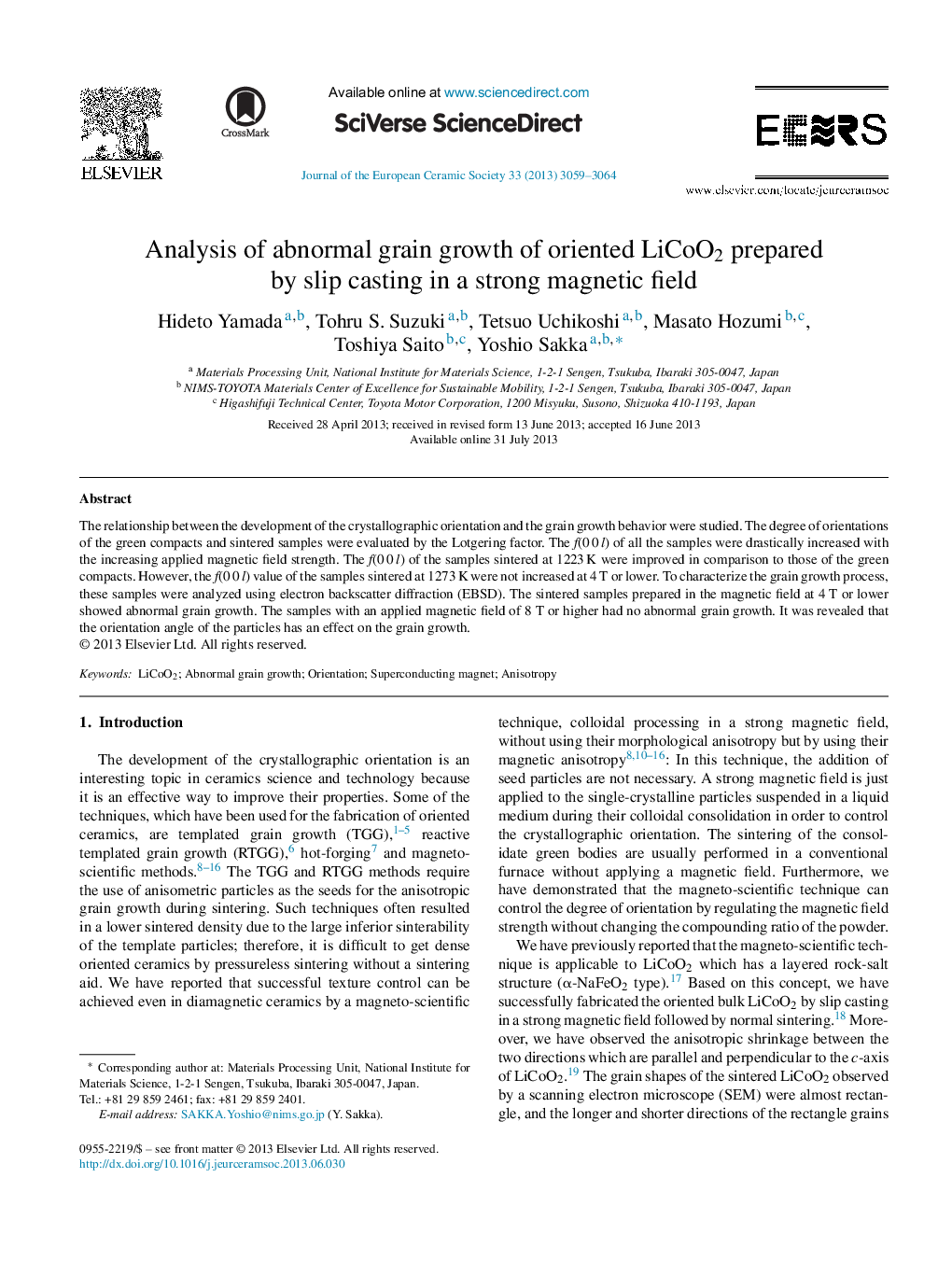 Analysis of abnormal grain growth of oriented LiCoO2 prepared by slip casting in a strong magnetic field