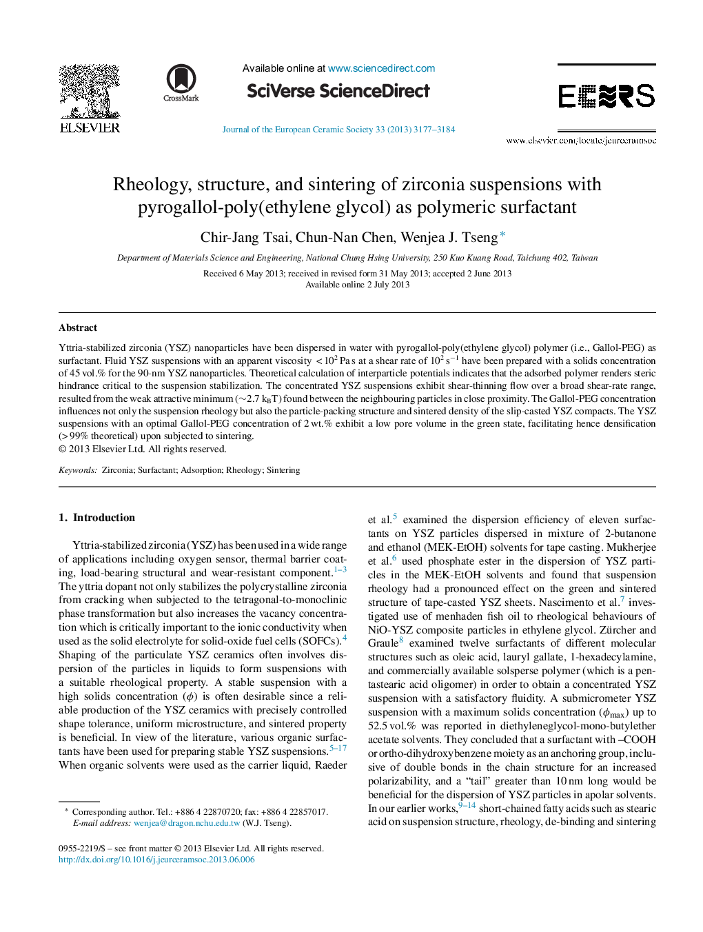 رئولوژی، ساختار و پختن سوسپانسیون های زیرکونی با پیرگلالول (اتیلن گلیکول) به عنوان سورفکتانت پلیمری 