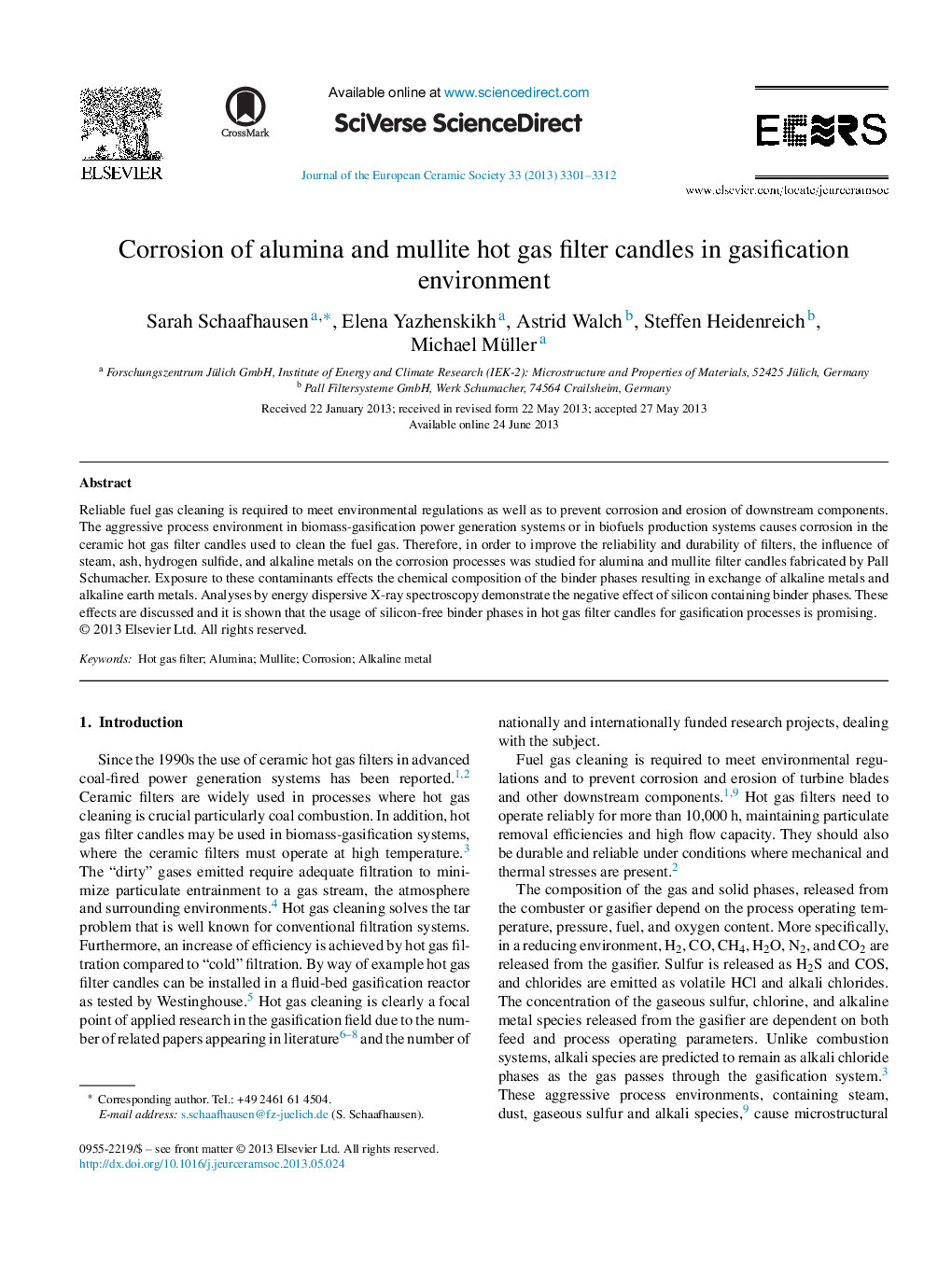 خوردگی آلومینا و شمش فیلتر گاز ملویت در محیط گازسیون 