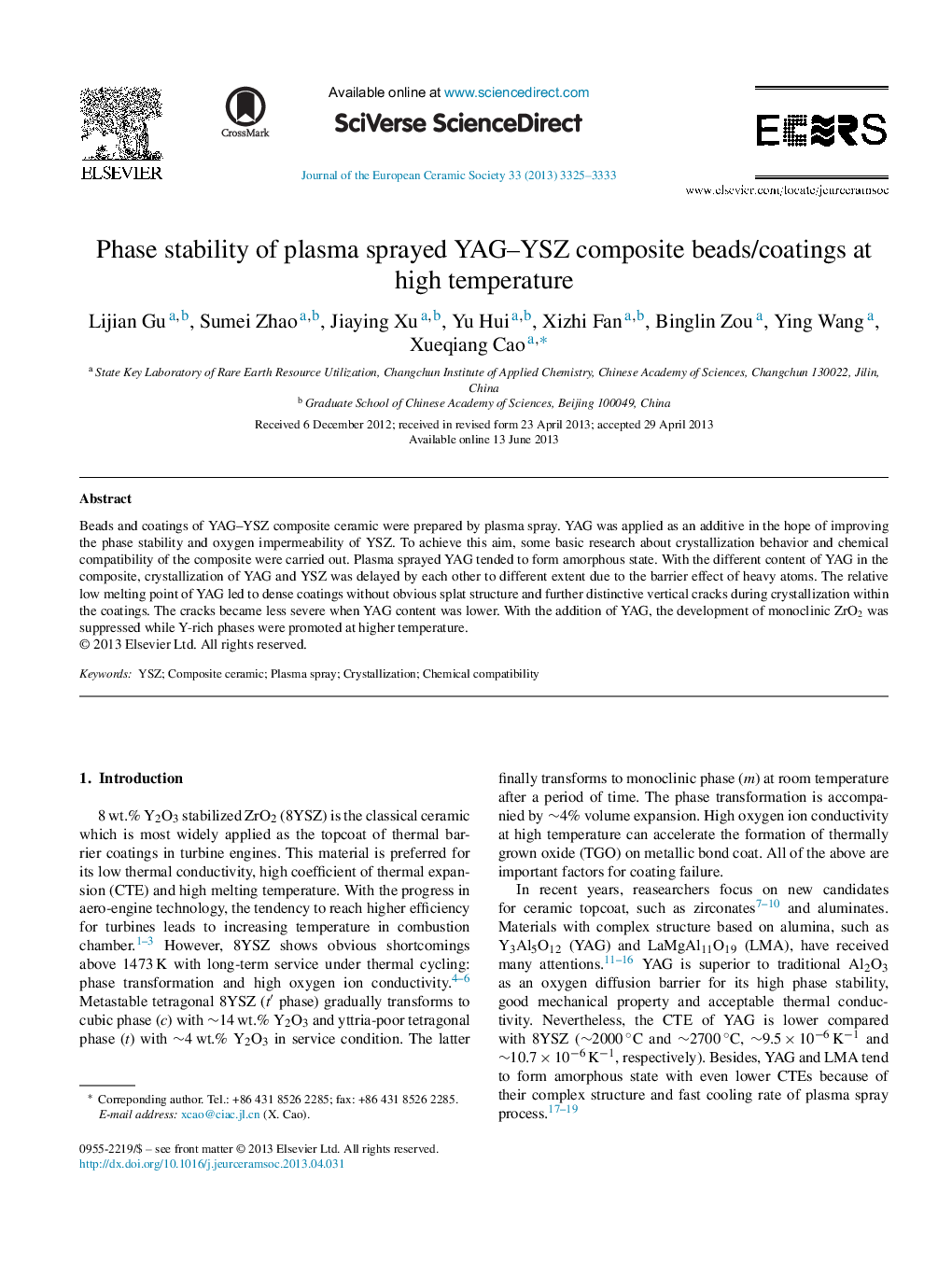 Phase stability of plasma sprayed YAG-YSZ composite beads/coatings at high temperature